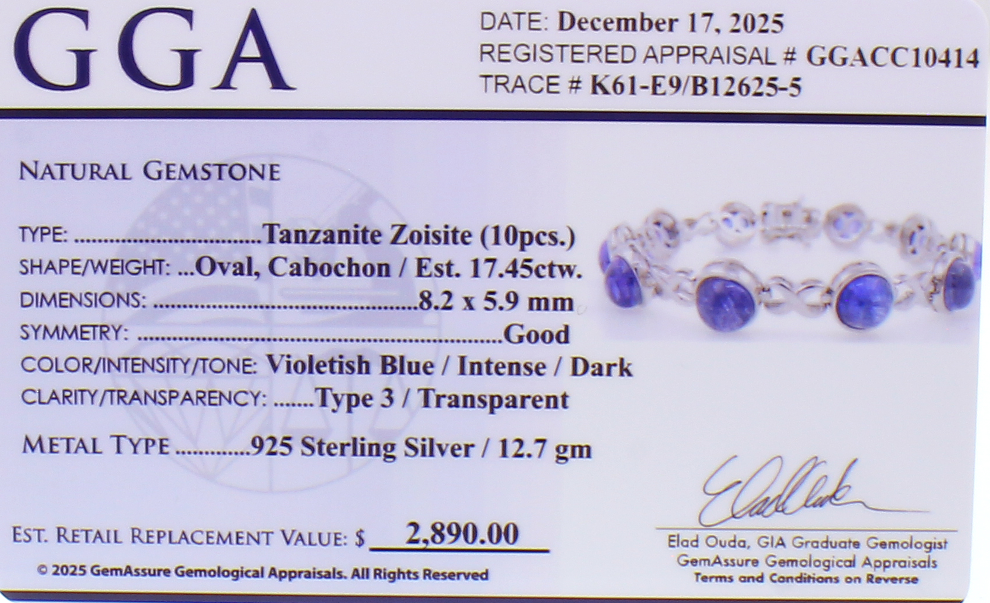17.45CT Tanzanite Sterling Silver Bracelet (RM01) - Image 3