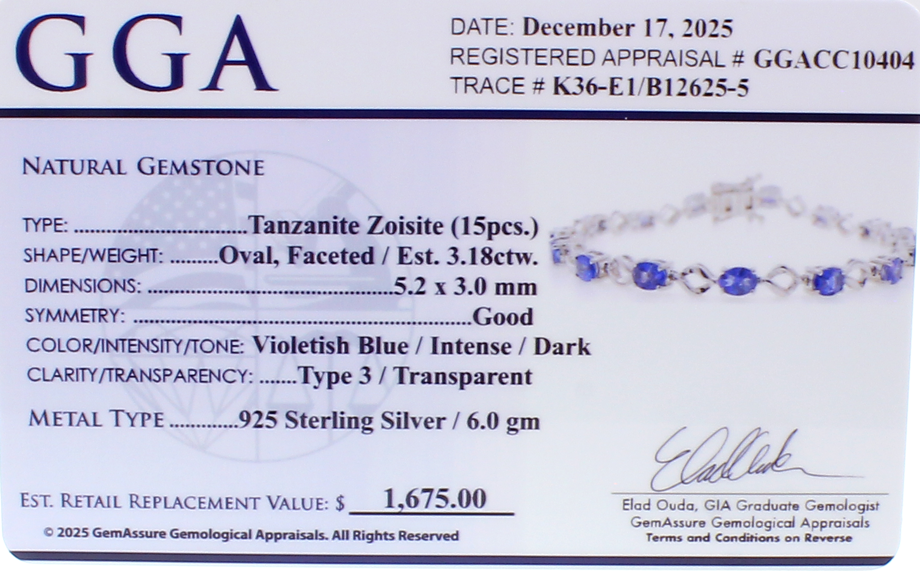 3.18CT Tanzanite Sterling Silver Bracelet (RM01) - Image 3