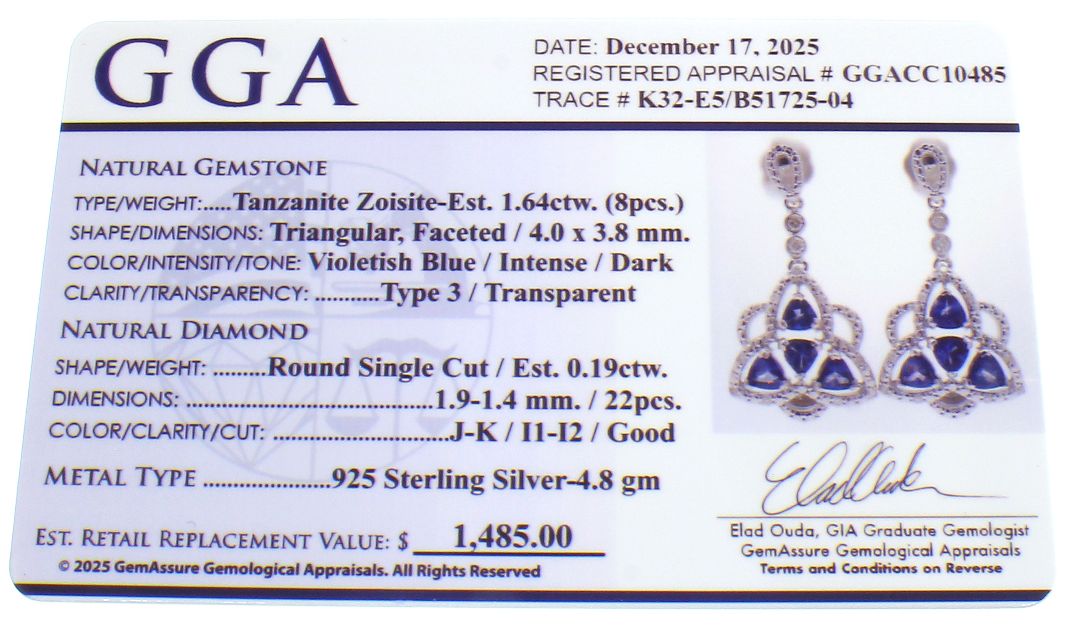 1.64CT Tanzanite and 0.19CT Diamond Sterling Silver Earrings (RM01) - Image 3