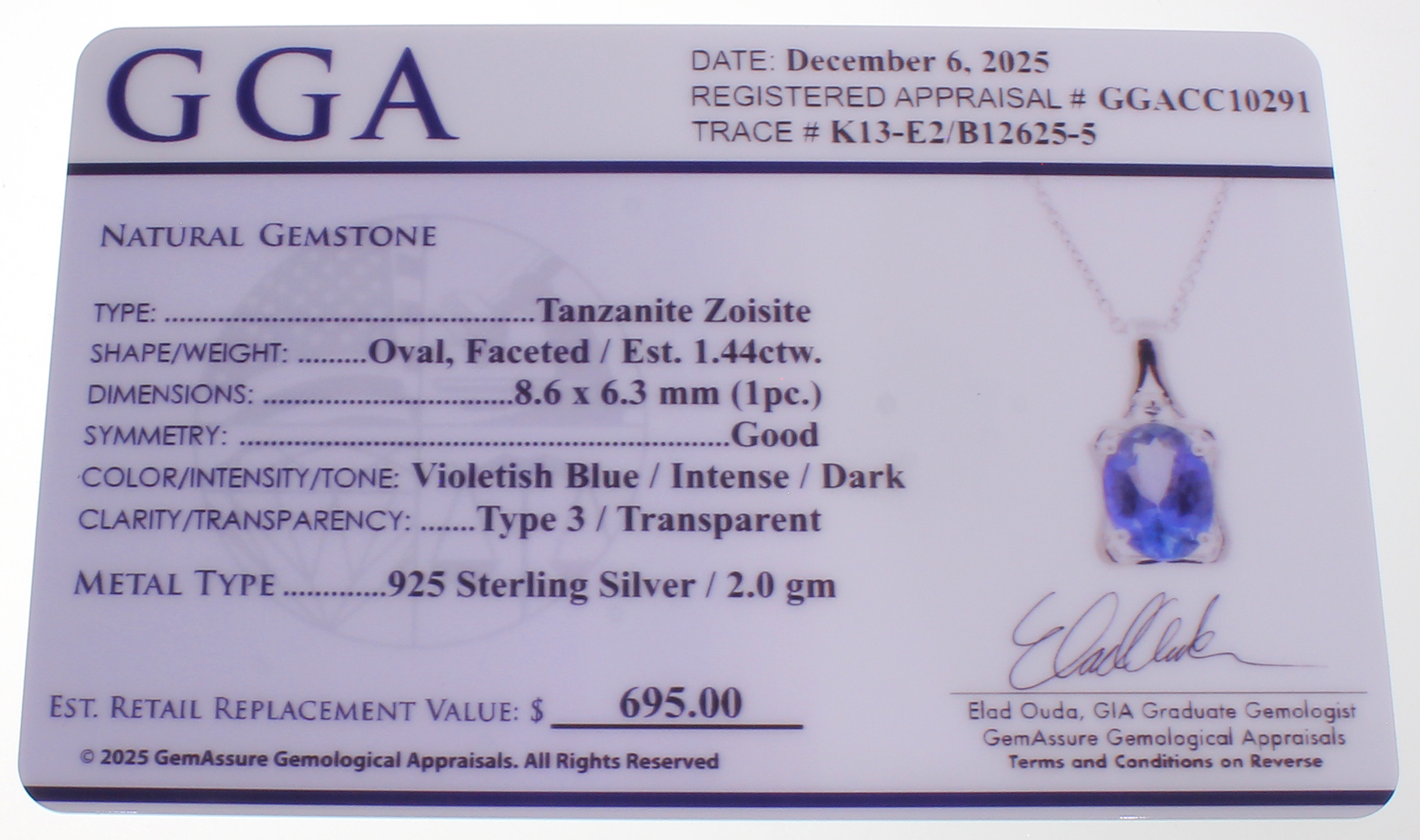 1.44CT Tanzanite Sterling Silver Necklace (RM01) - Image 3