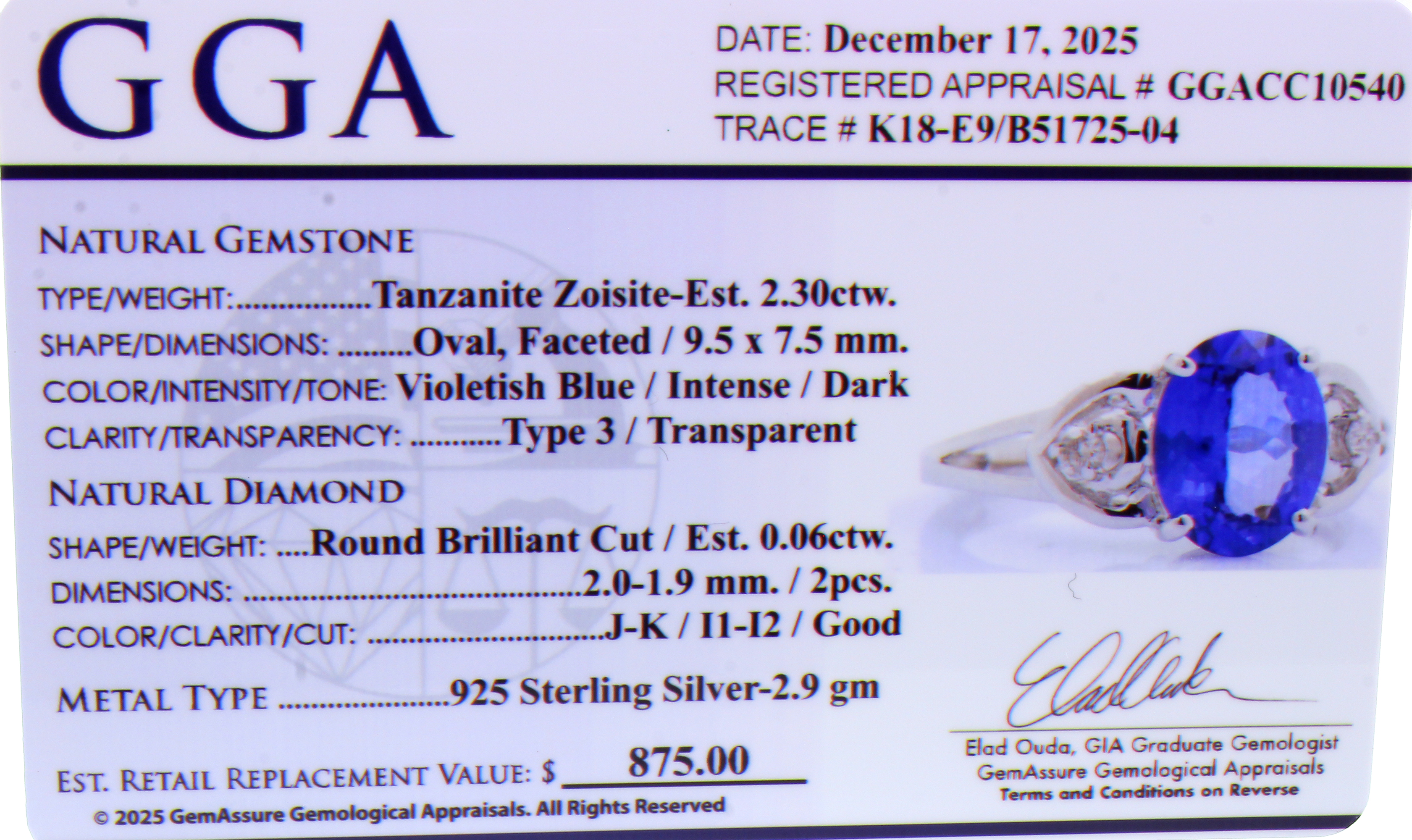2.3CT Tanzanite and 0.06CT Diamond Sterling Silver Ring (RM01) - Image 5