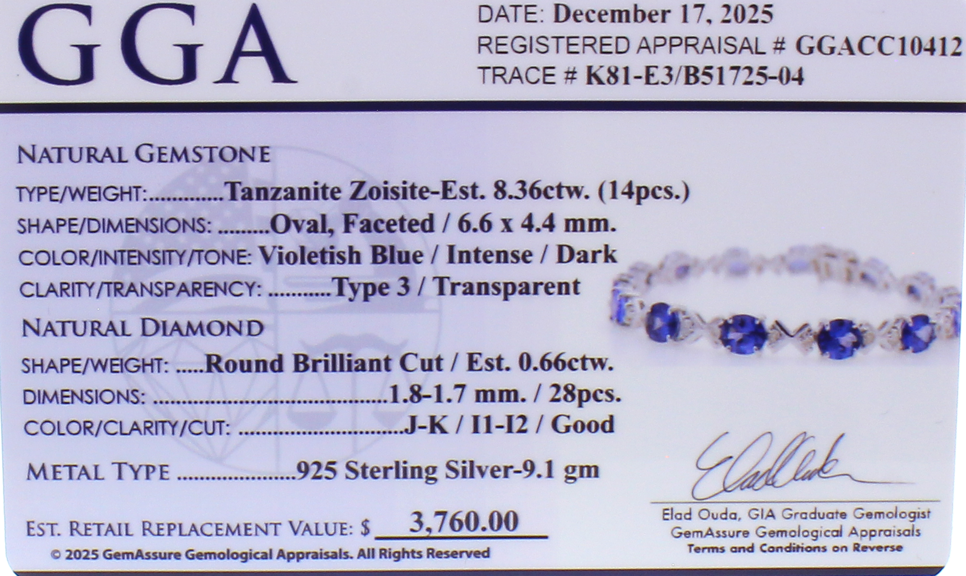 8.36CT Tanzanite and 0.66CT Diamond Sterling Silver Bracelet (RM01) - Image 3