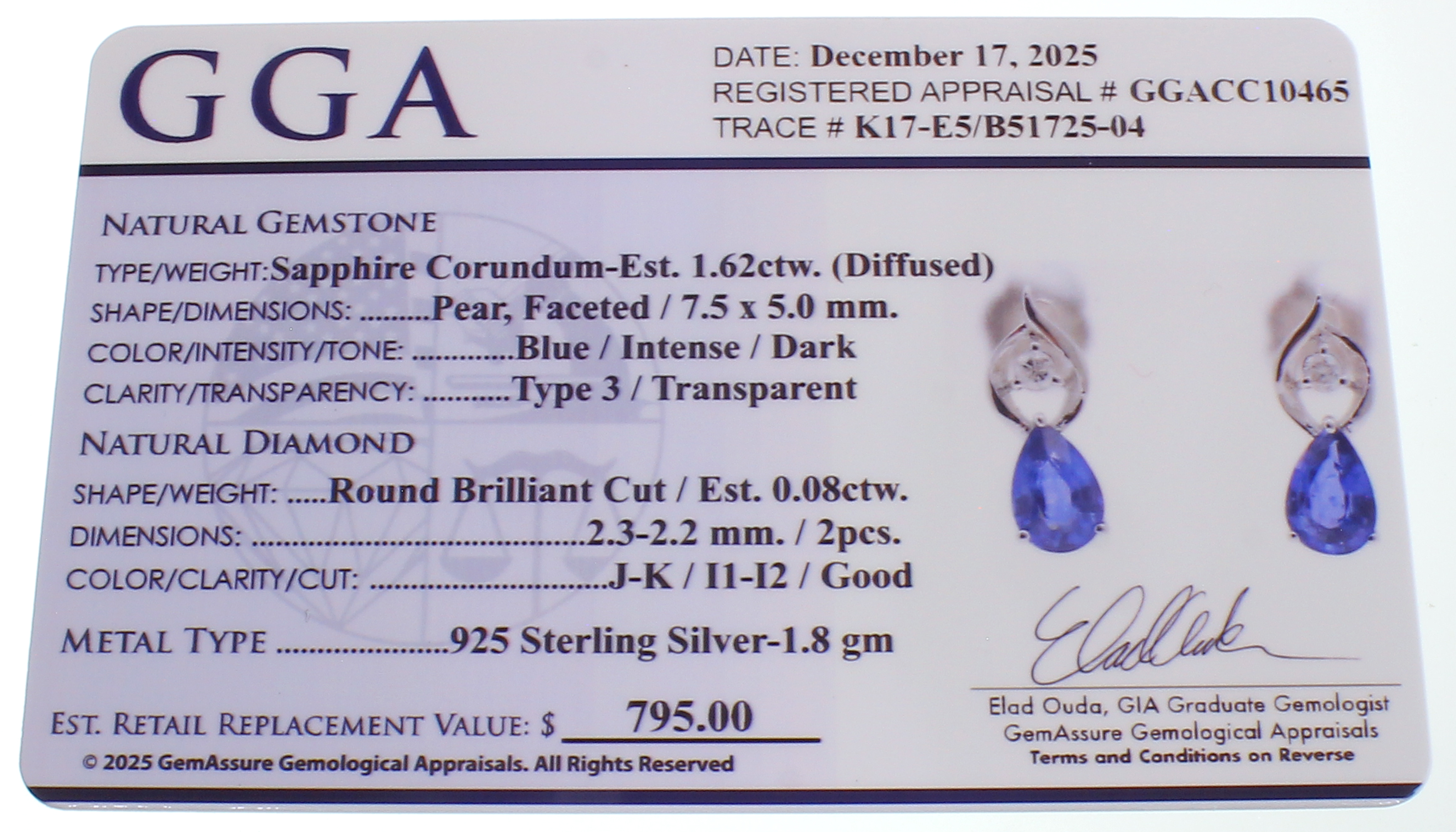 1.62CT Sapphire and 0.08CT Diamond Sterling Silver Earrings (RM01) - Image 3