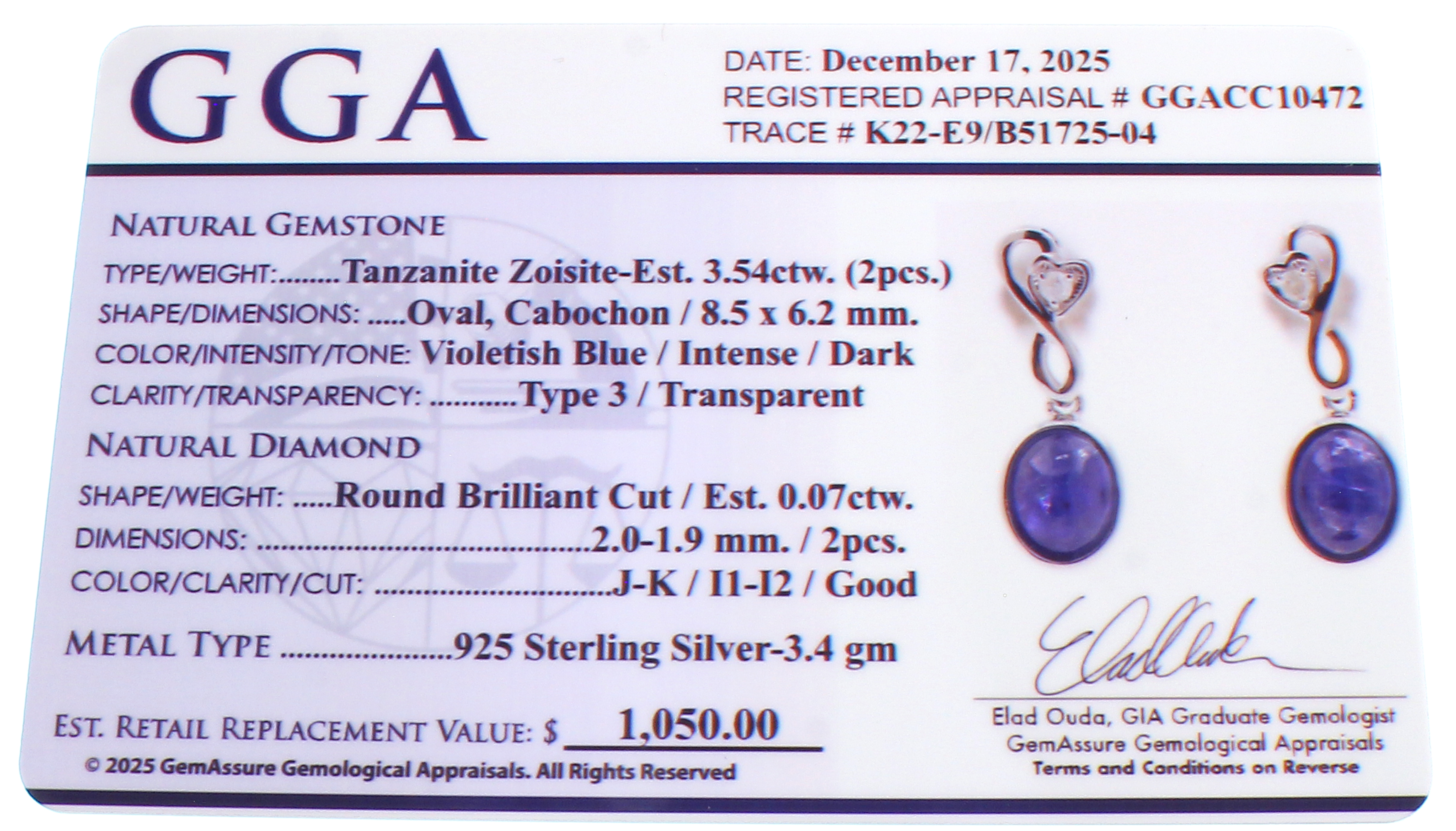 3.54CT Tanzanite and 0.07CT Diamond Sterling Silver Earrings (RM01) - Image 3