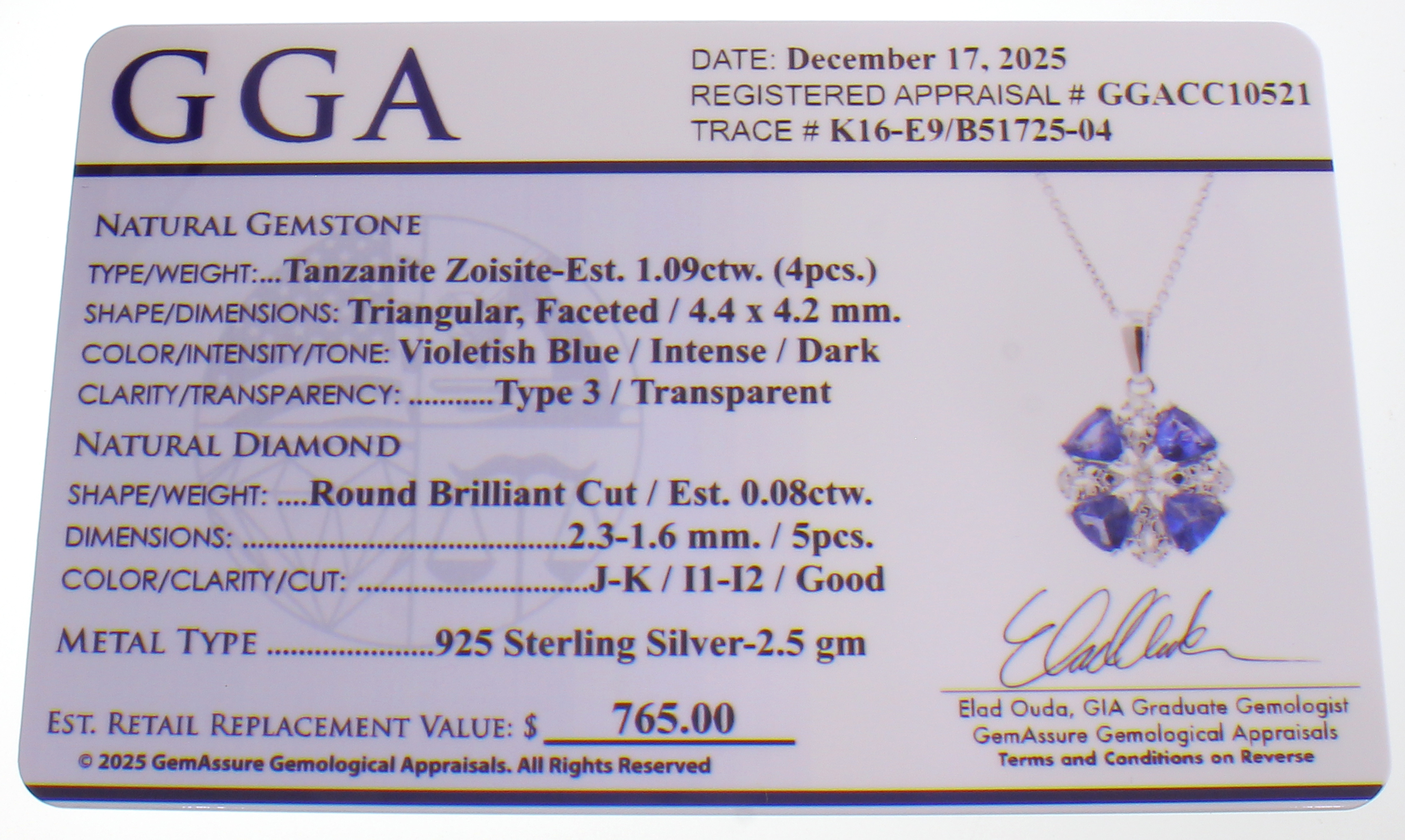 1.09CT Tanzanite and 0.08CT Diamond Sterling Silver Necklace (RM01) - Image 3