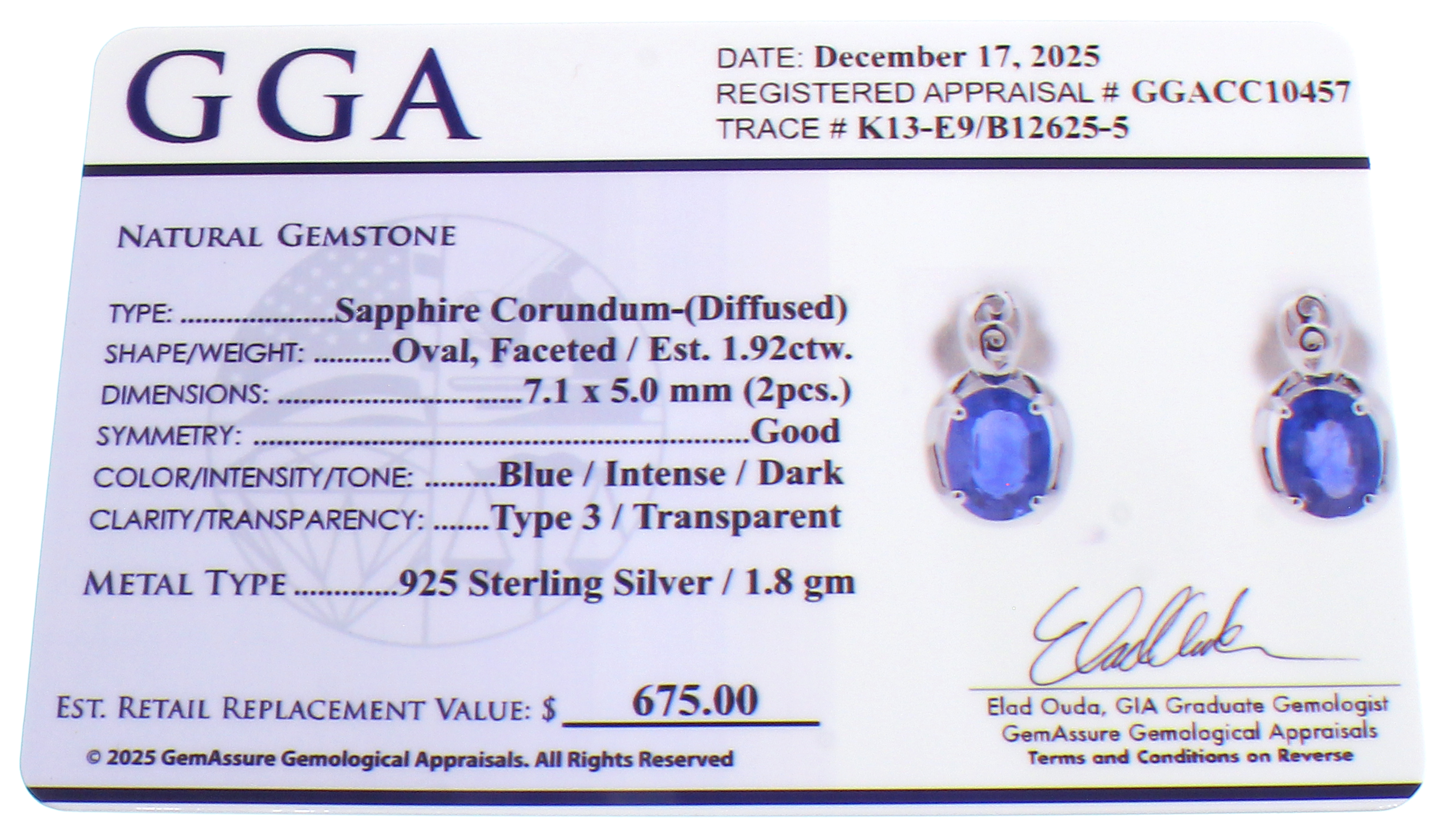 1.92CT Sapphire Sterling Silver Earrings (RM01) - Image 3