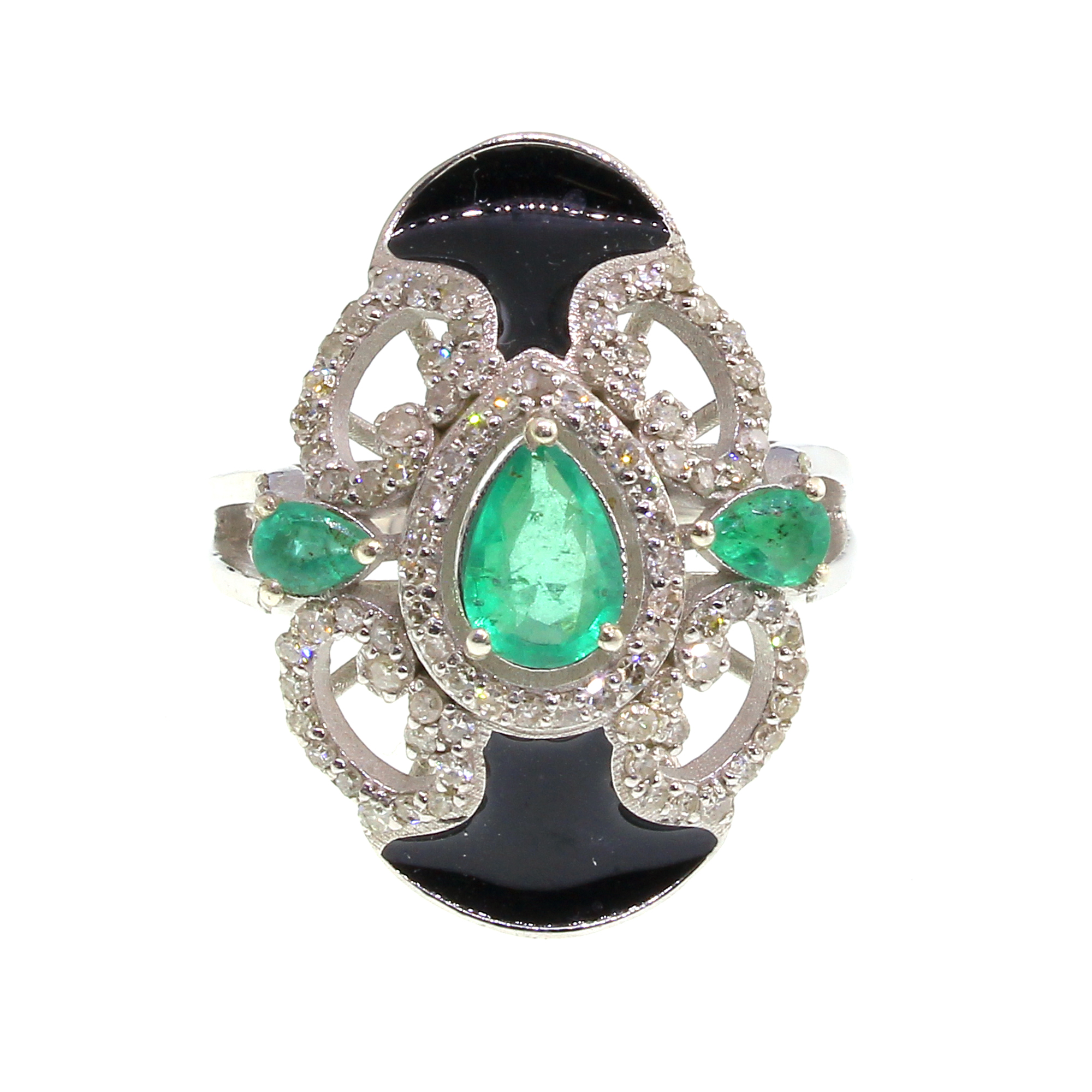 0.64CT Emerald and 0.58CT Diamond Sterling Silver Ring (RM01)