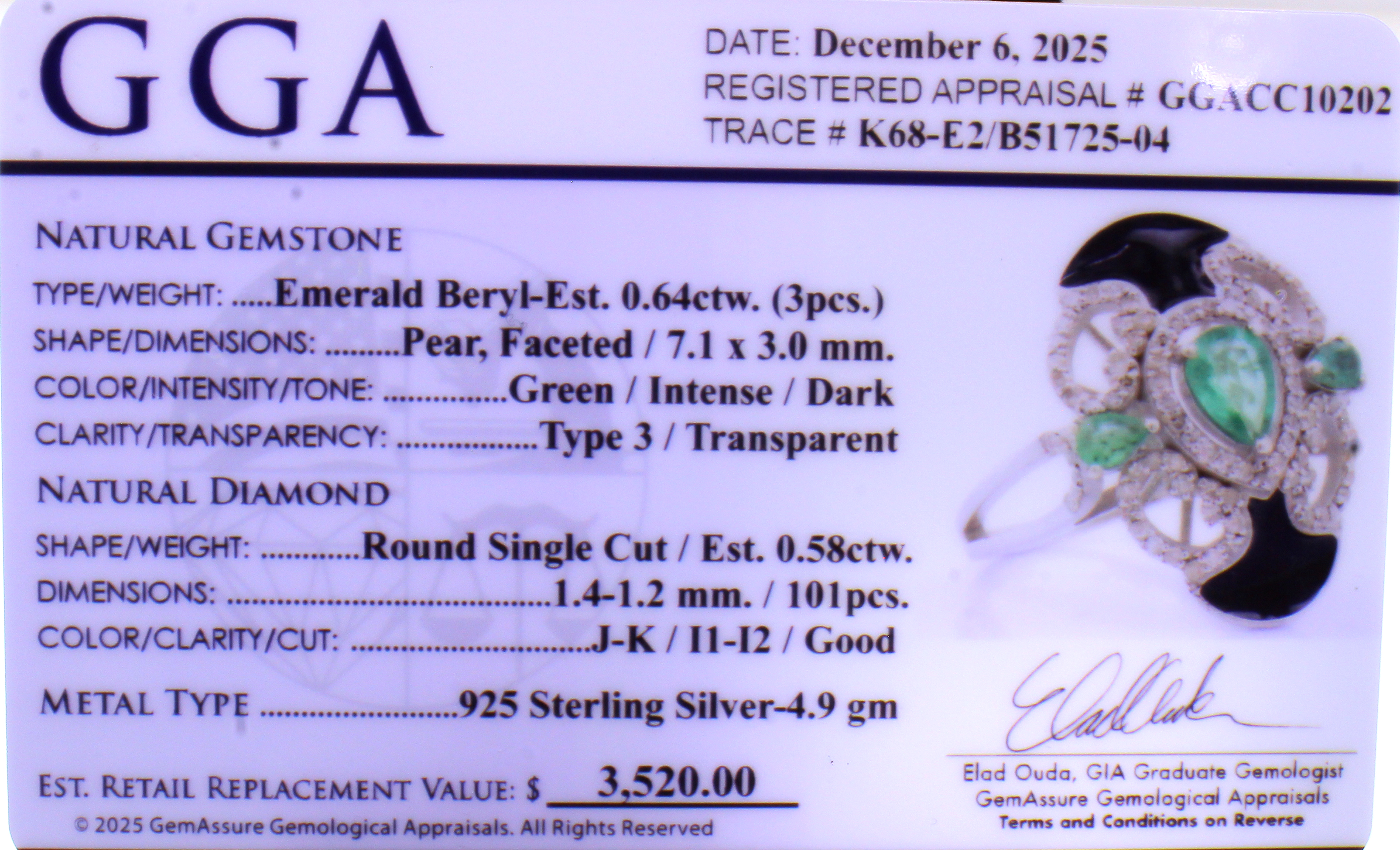 0.64CT Emerald and 0.58CT Diamond Sterling Silver Ring (RM01) - Image 5