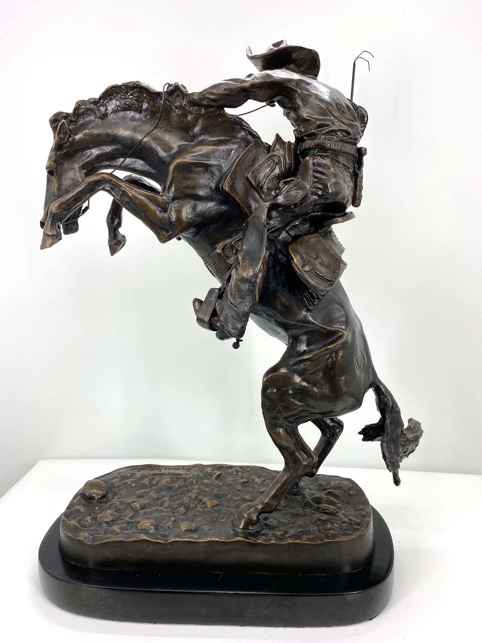 Medium Bronco Buster Bronze by Frederic Remington Rendition 13in H x 10in L x 5in W 17lb (Vault_AS) - Image 3