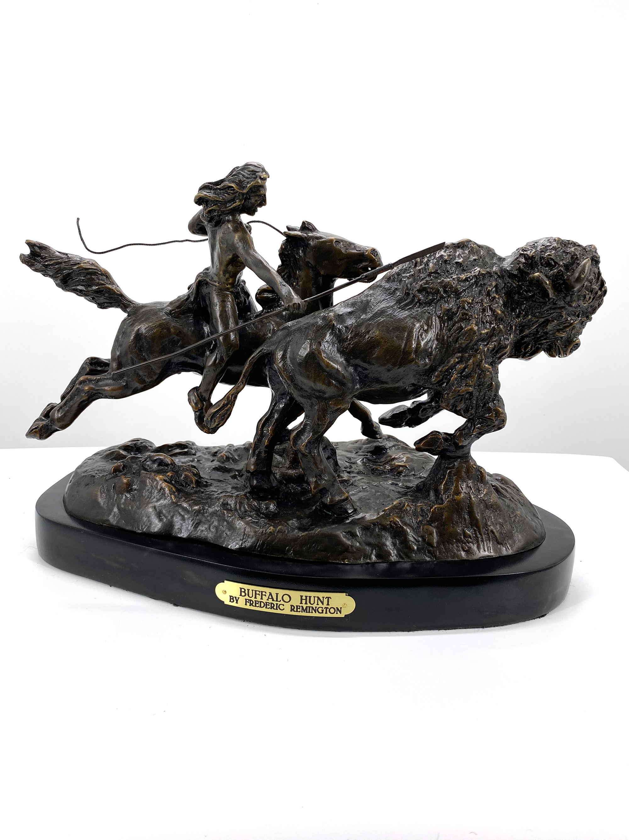 Buffalo Hunt Bronze by Frederic Remington Rendition 11in H x 16in L x 9in W 36lb (Vault_AS)