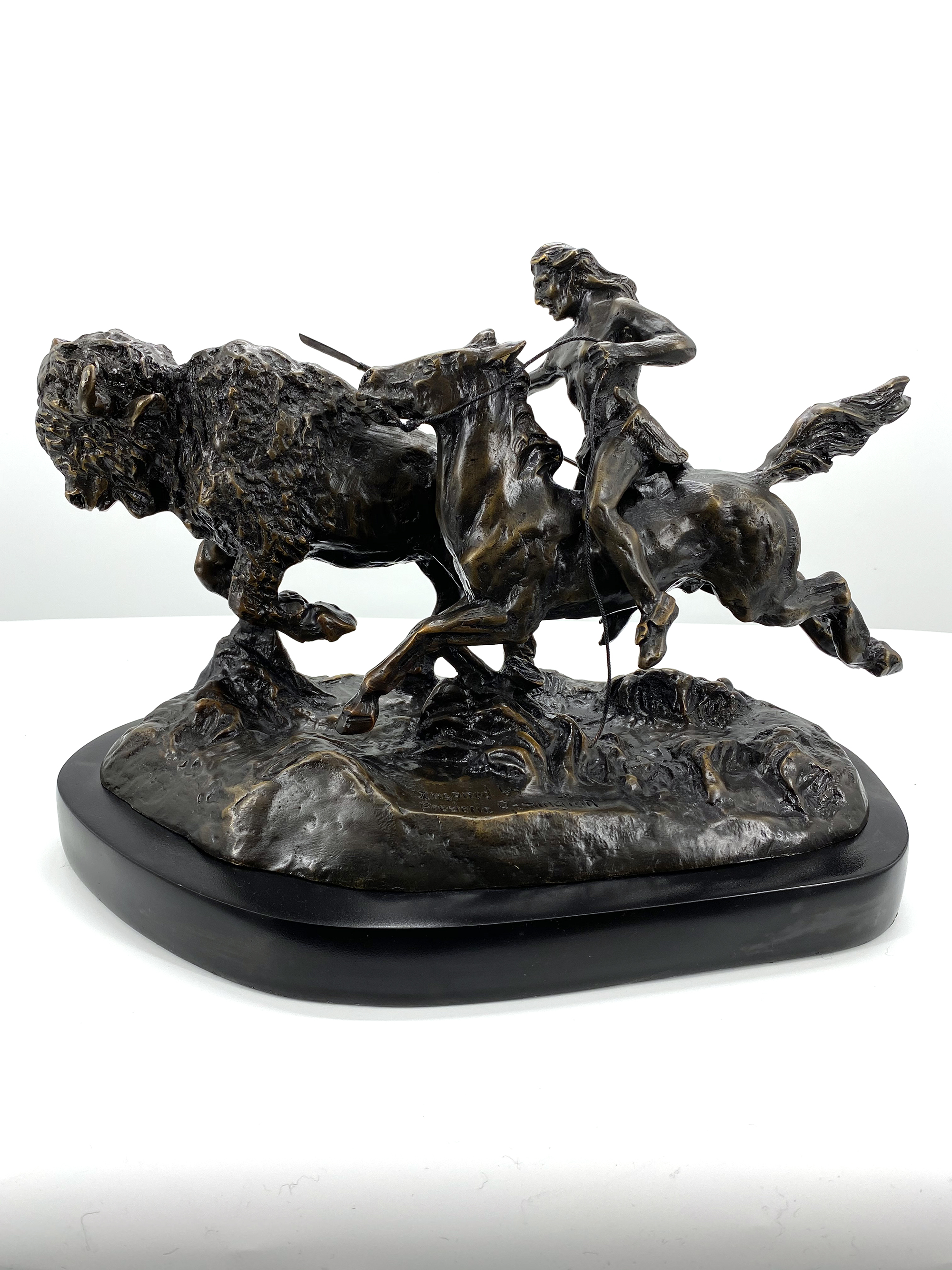 Buffalo Hunt Bronze by Frederic Remington Rendition 11in H x 16in L x 9in W 36lb (Vault_AS) - Image 3