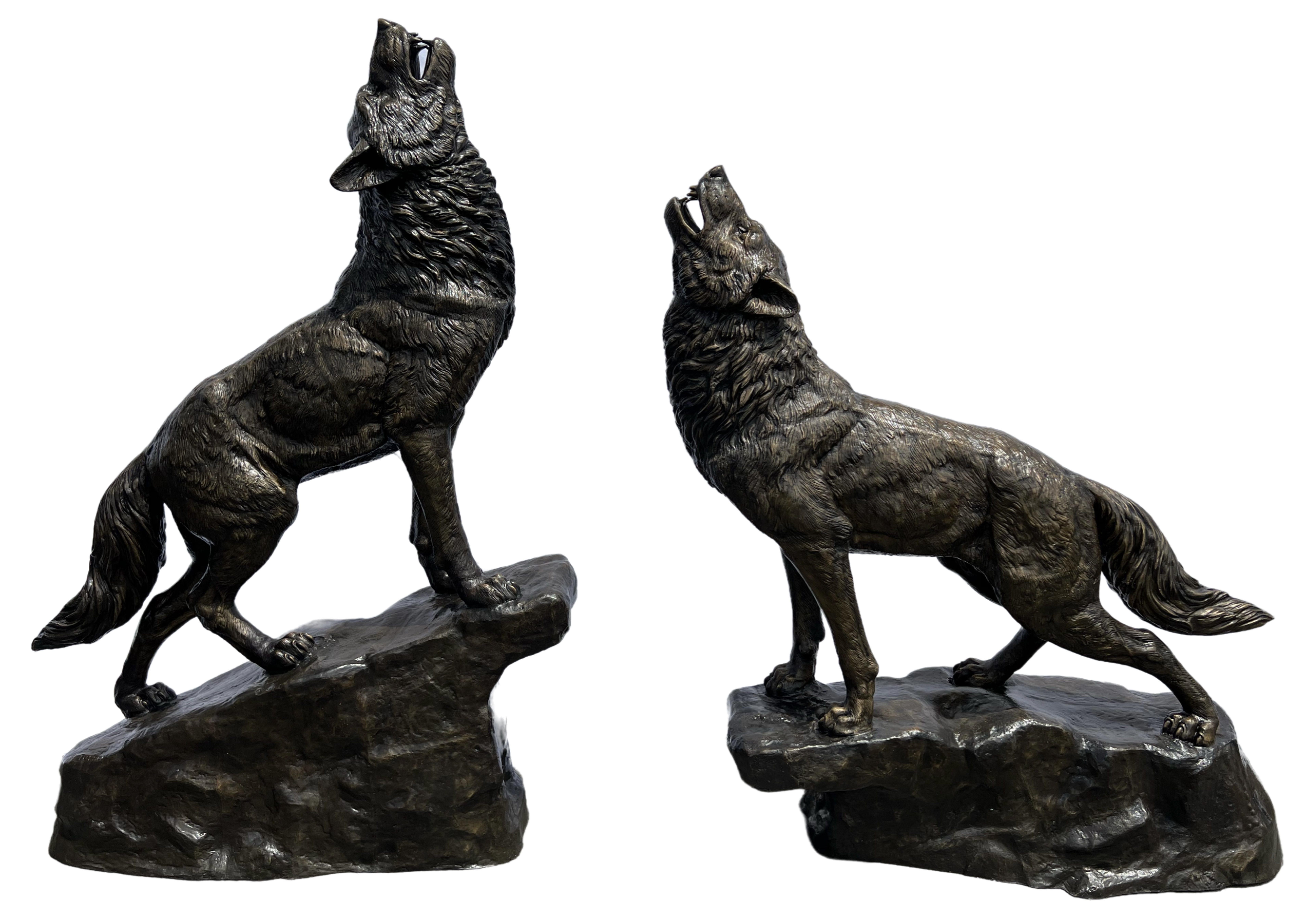 Heroic Set of Two Wolves Bronze by By Max Turner 80in H x 57in L x 23in W and 70in H x 64in L x 21in W (Vault_AS)