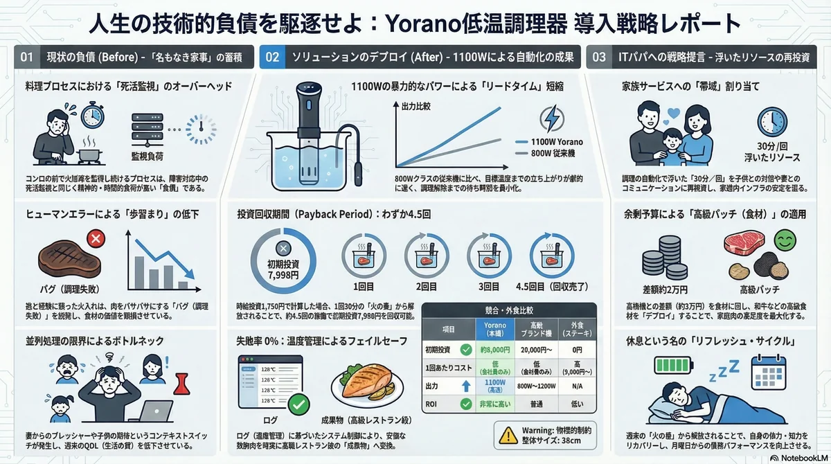 Yorano低温調理器の口コミと評判。1100W高パワー機は買いか比較検討