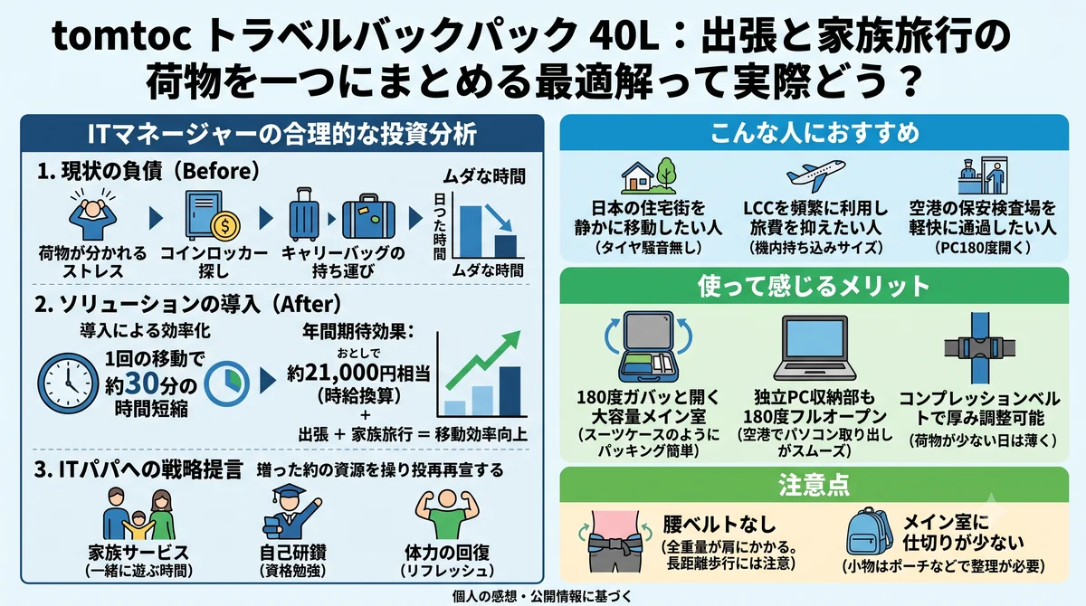 tomtoc トラベルバックパック 40L：出張と家族旅行の荷物を一つにまとめる最適解の導入メリット・ビフォーアフター図解