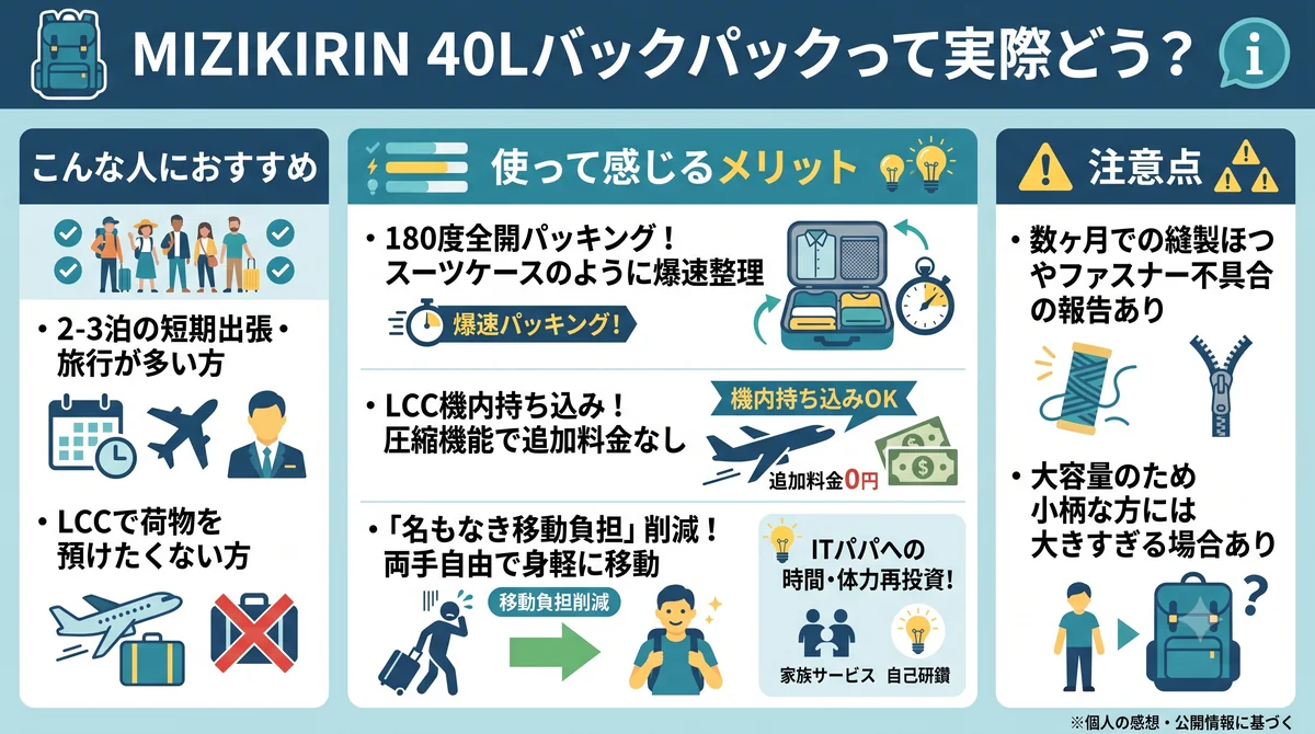 MIZIKIRIN 40Lバックパック購入検討：出張を身軽にする180度開閉と耐久性の現実の導入メリット・ビフォーアフター図解