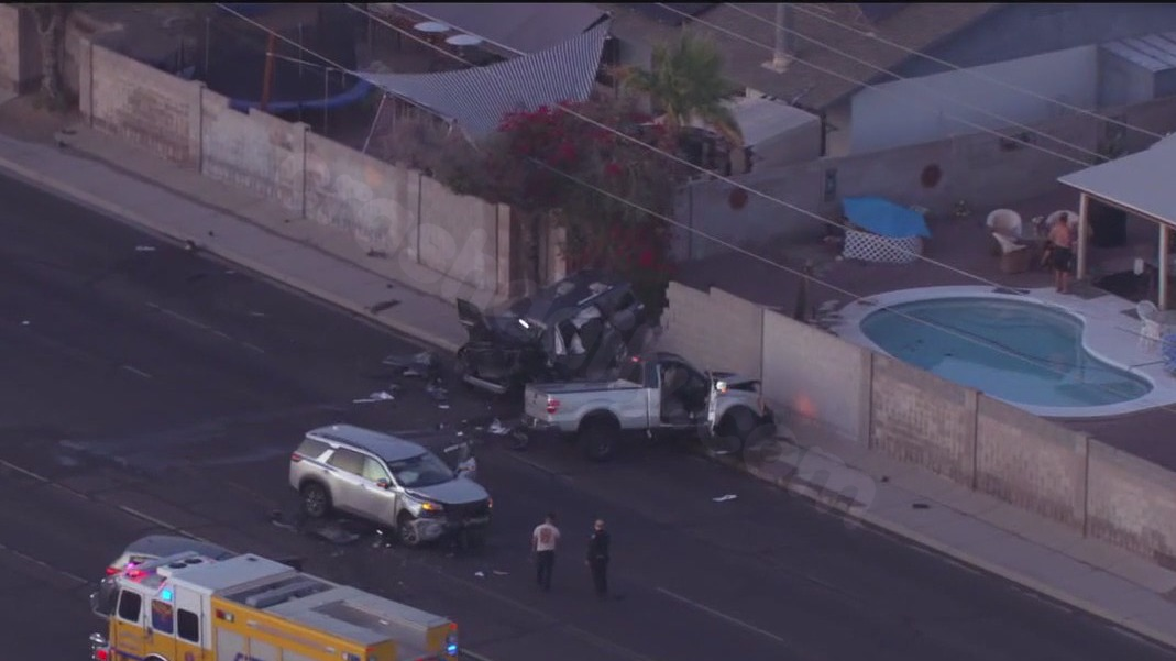 Barrier wall destroyed, 3 injured in multi-vehicle accident