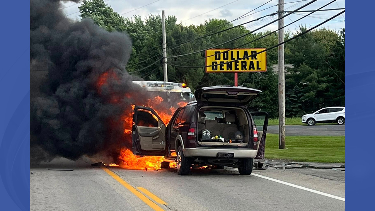 3 people hurt in Champion auto crash, blaze