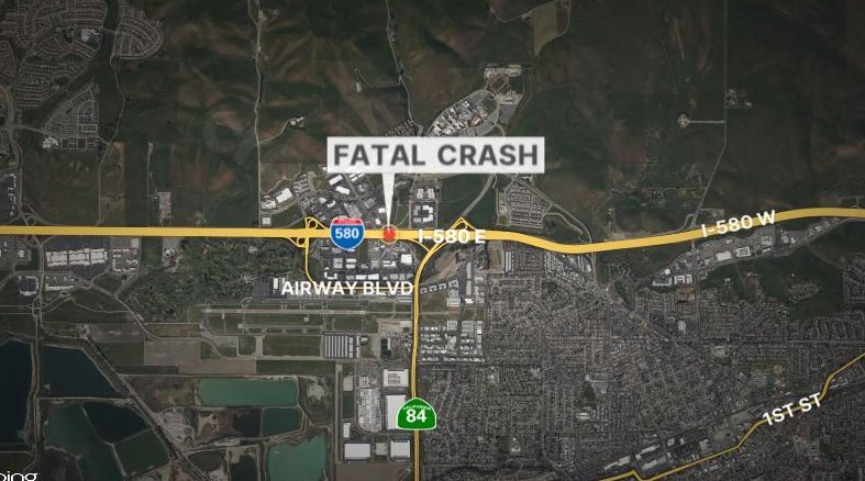 Fatal crash in Livermore involving motorbike and burning large truck.