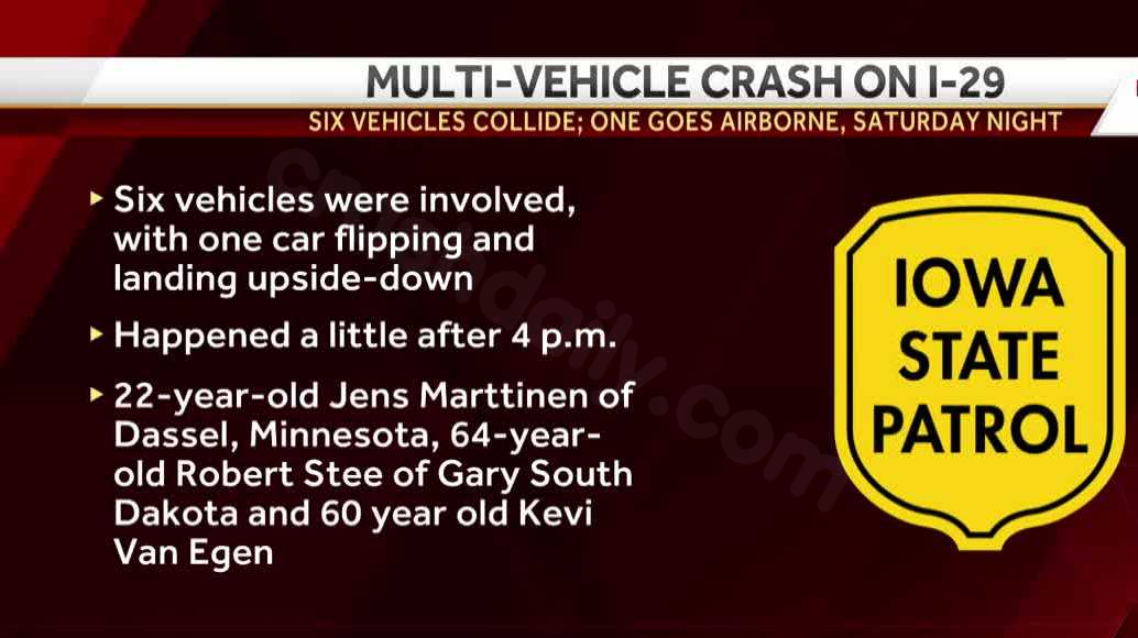 Six-vehicle crash on Interstate 29 results in airborne vehicle