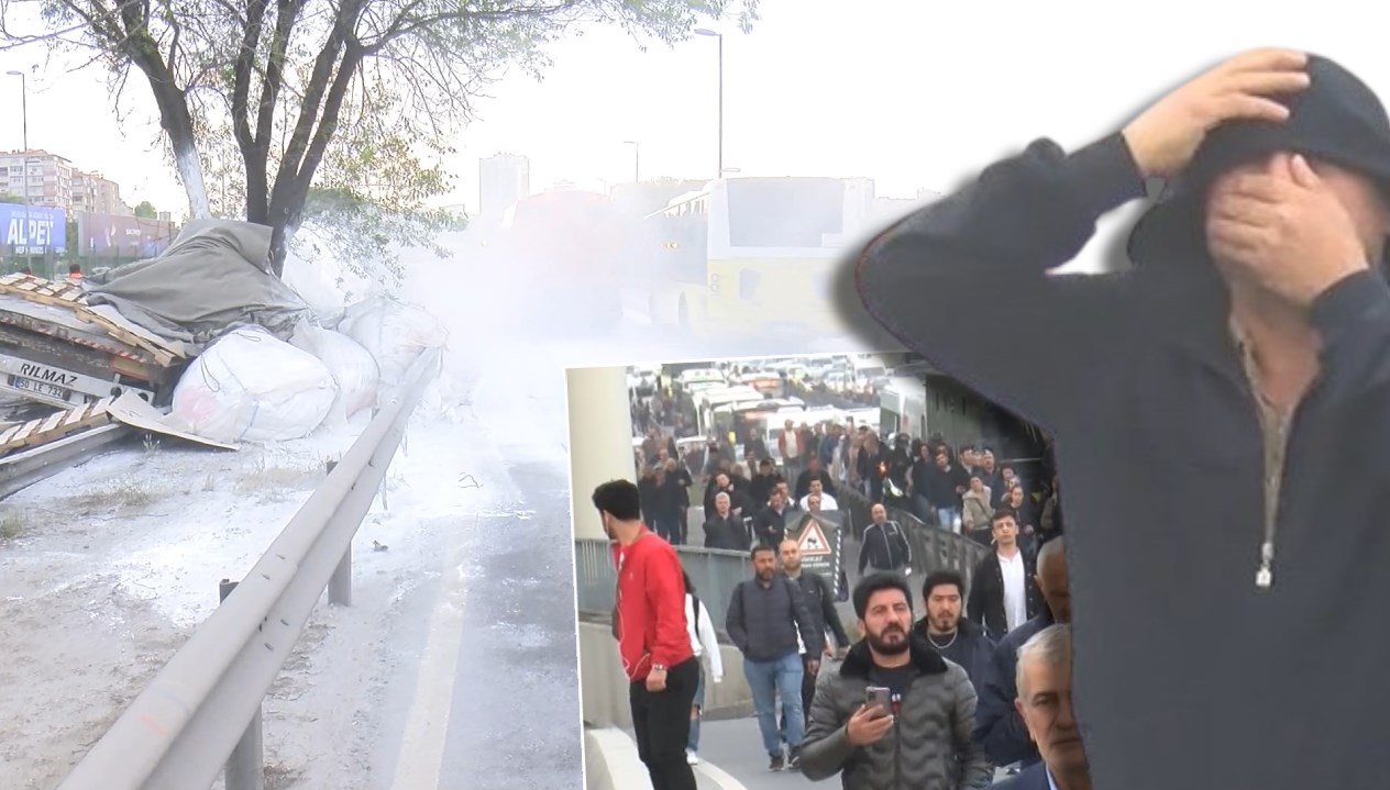 D-100'de trafiği kilitleyen kaza: Alçı yüklü TIR bariyerlere çarptı