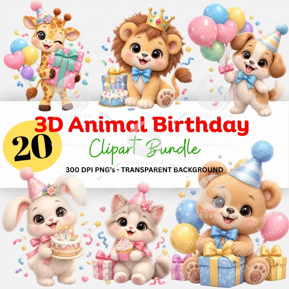 Animal Birthday Clipart Bundle, Party Animals PNG, Invitations, Pastel 3D Characters, Printable Design