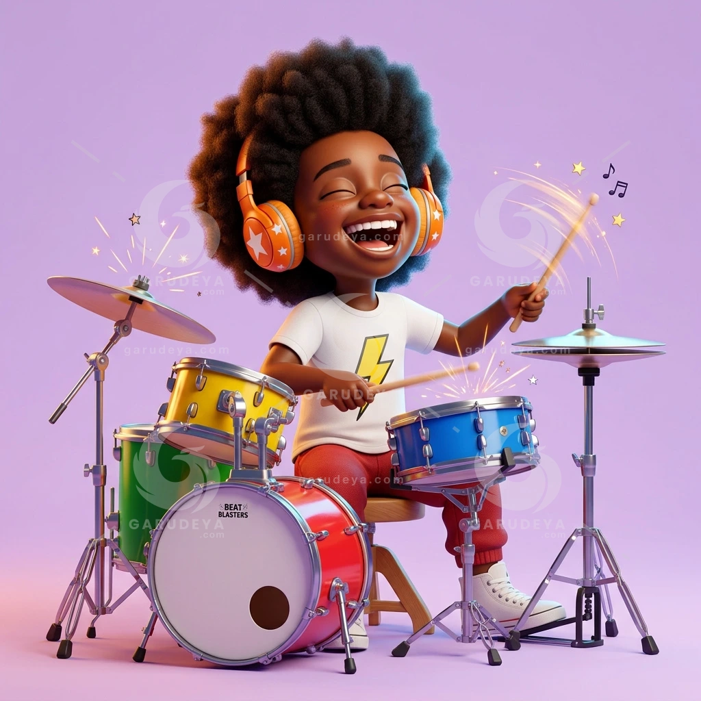 3D Cartoon Boy Playing Drum Kit