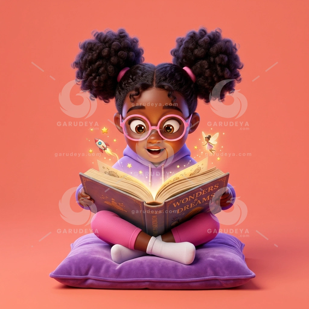 3D Cartoon Girl Reading Storybook