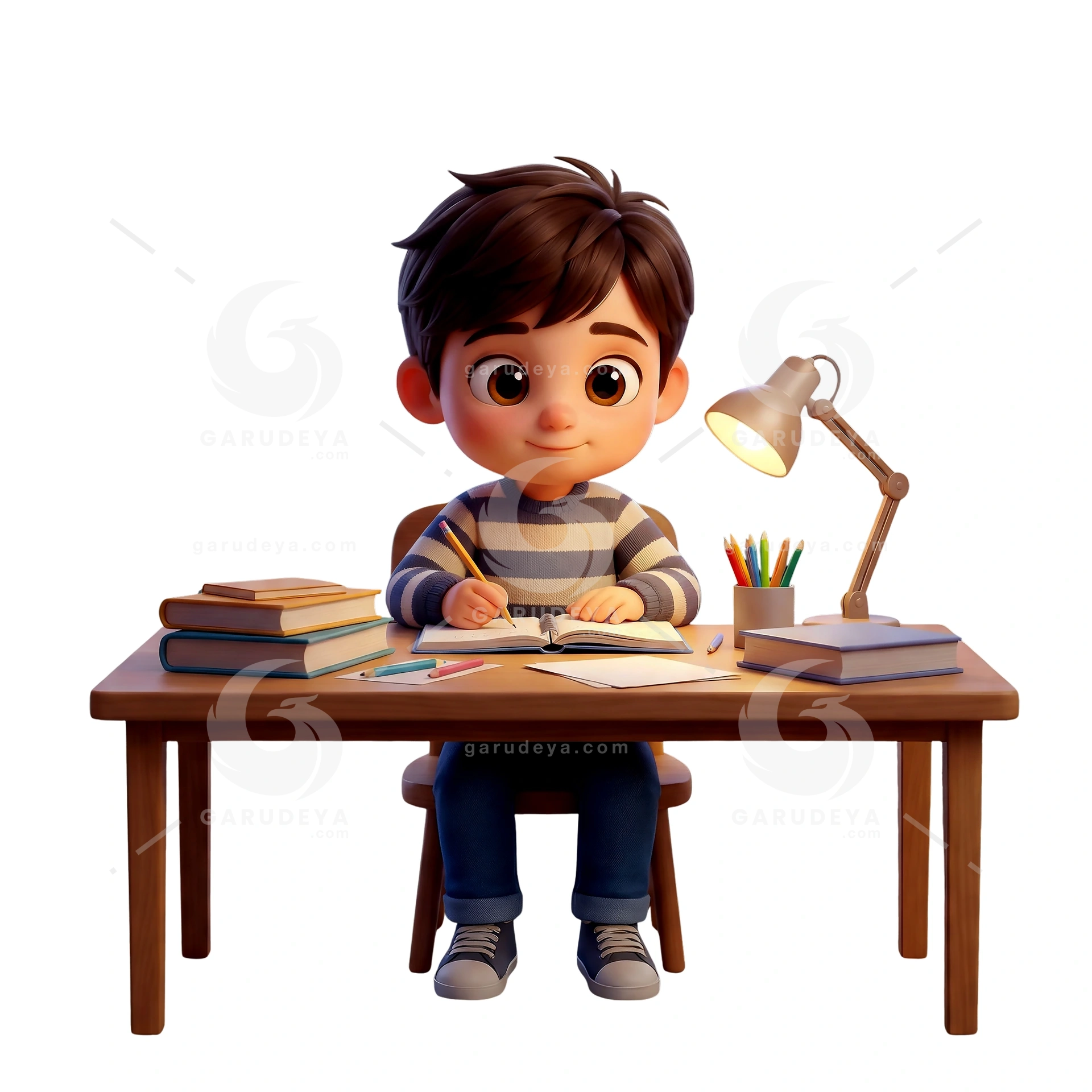 3D Cartoon Kid Doing Homework Study