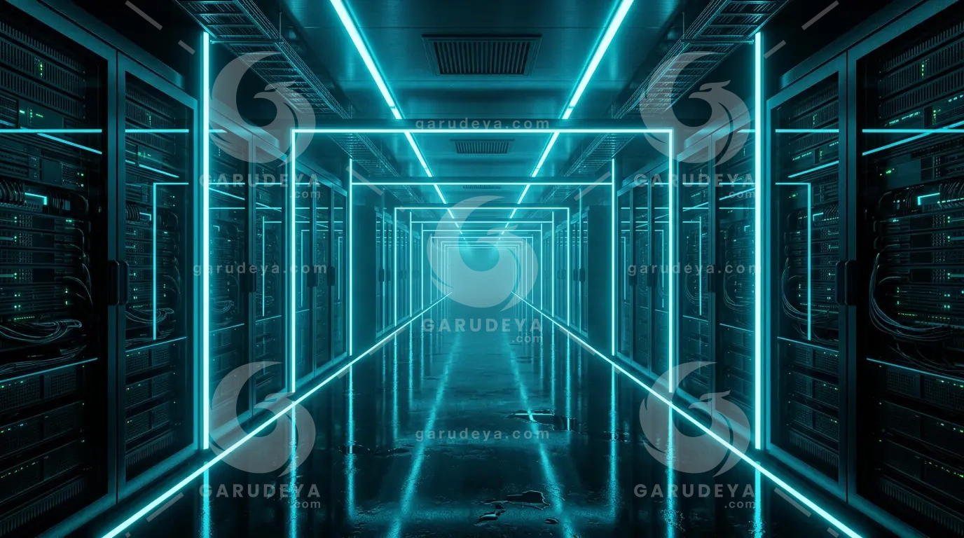 3D Dark Background Cyan Neon Server Corridor