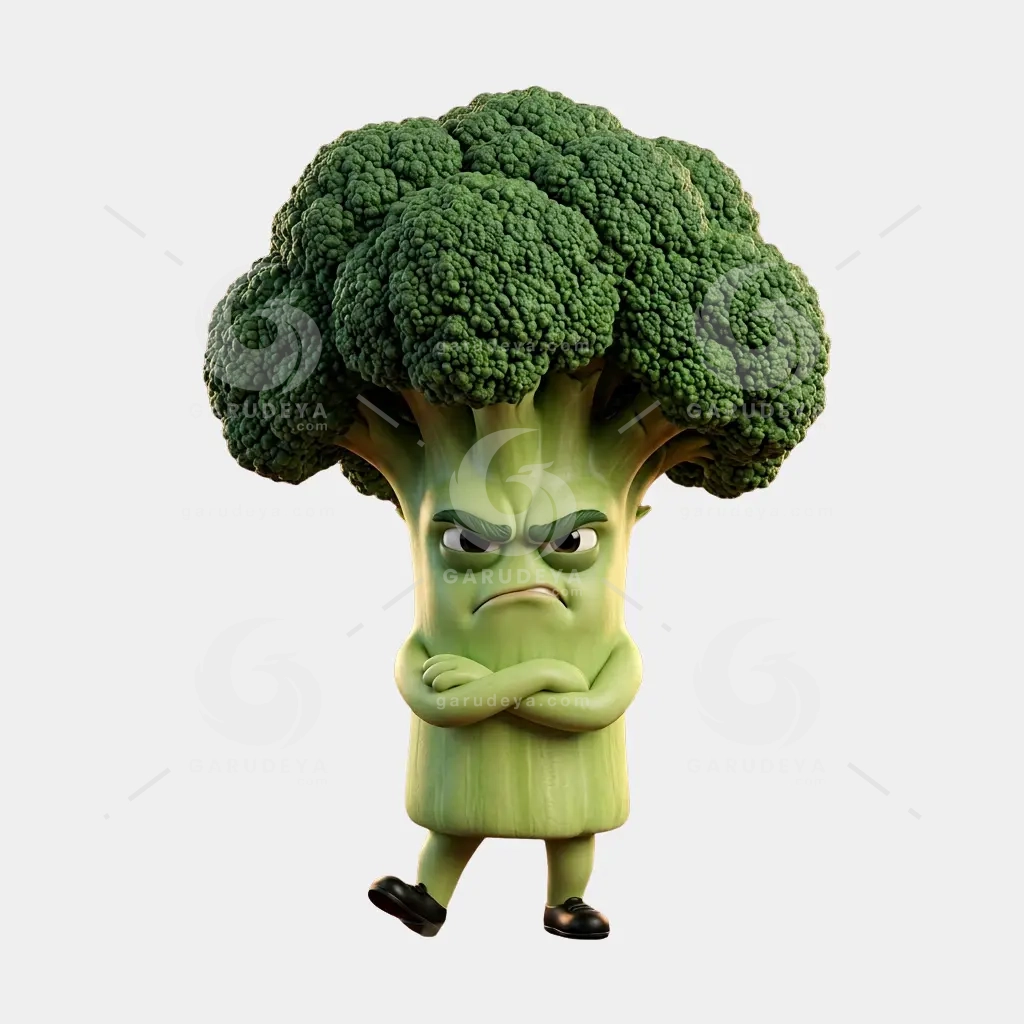 3D Food Character Grumpy Broccoli Crossed