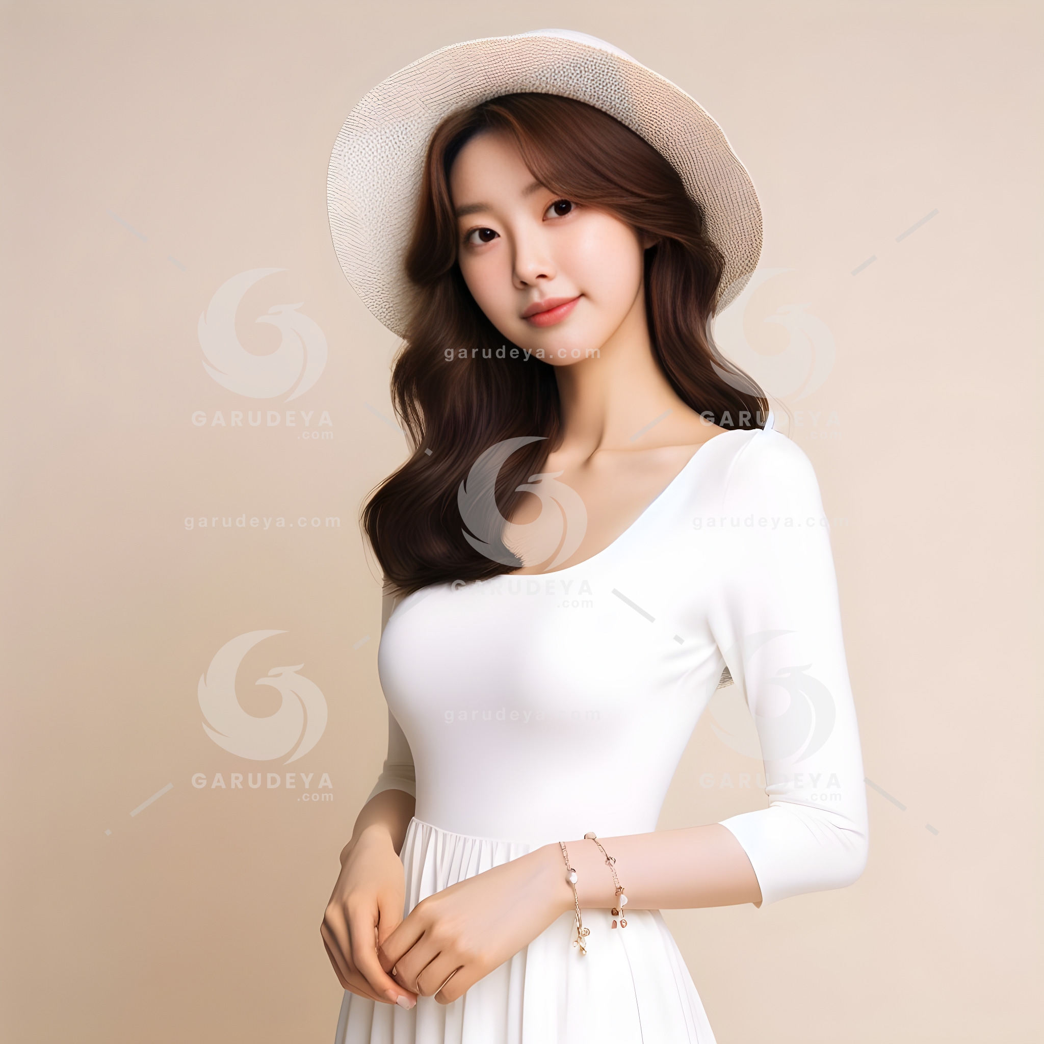 A beautiful Young Asian Beauty woman wearing a white dress and hat-406500610