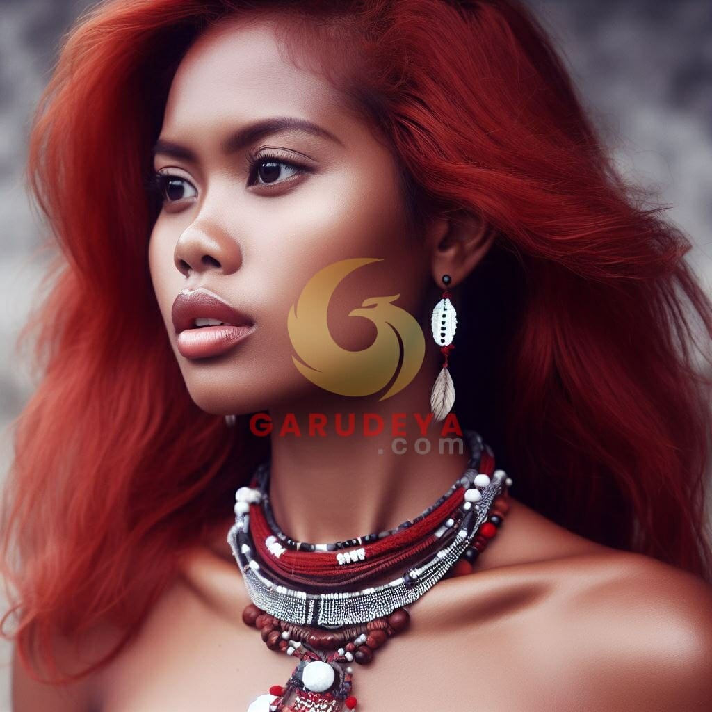 A beautiful woman from the Papua ethnicity with red hair and accessories such as a necklace or earrings-733605660