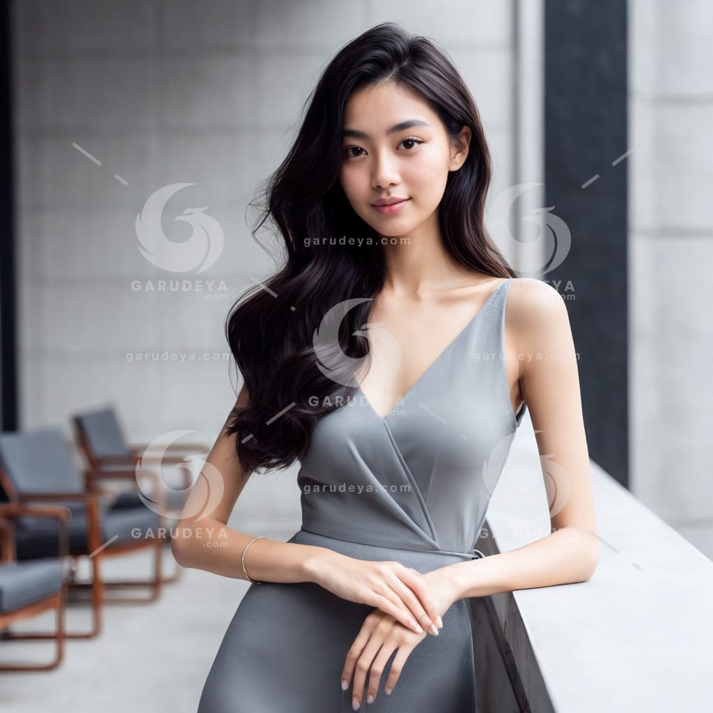 A beautiful young Asian woman wearing a grey dress-4700975