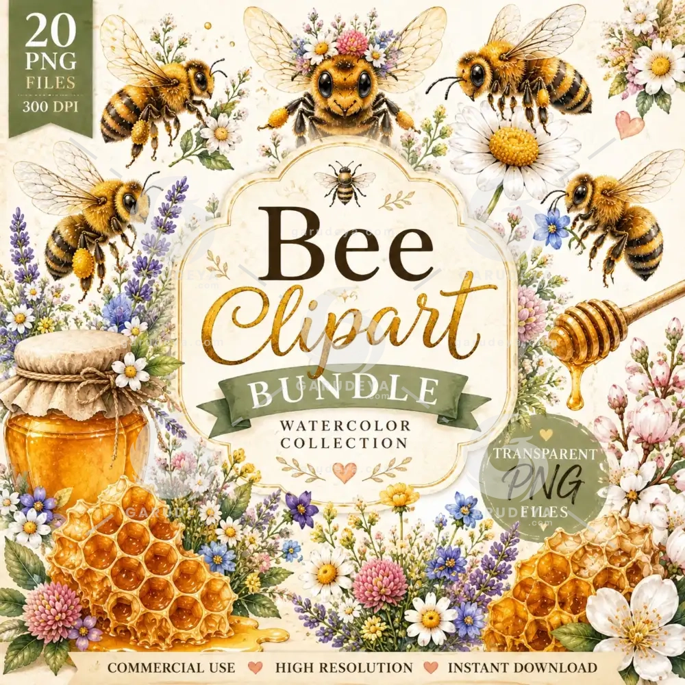 Bee Clipart Bundle PNG Transparent, Whimsical Floral Botanical Illustrations (Commercial Use)