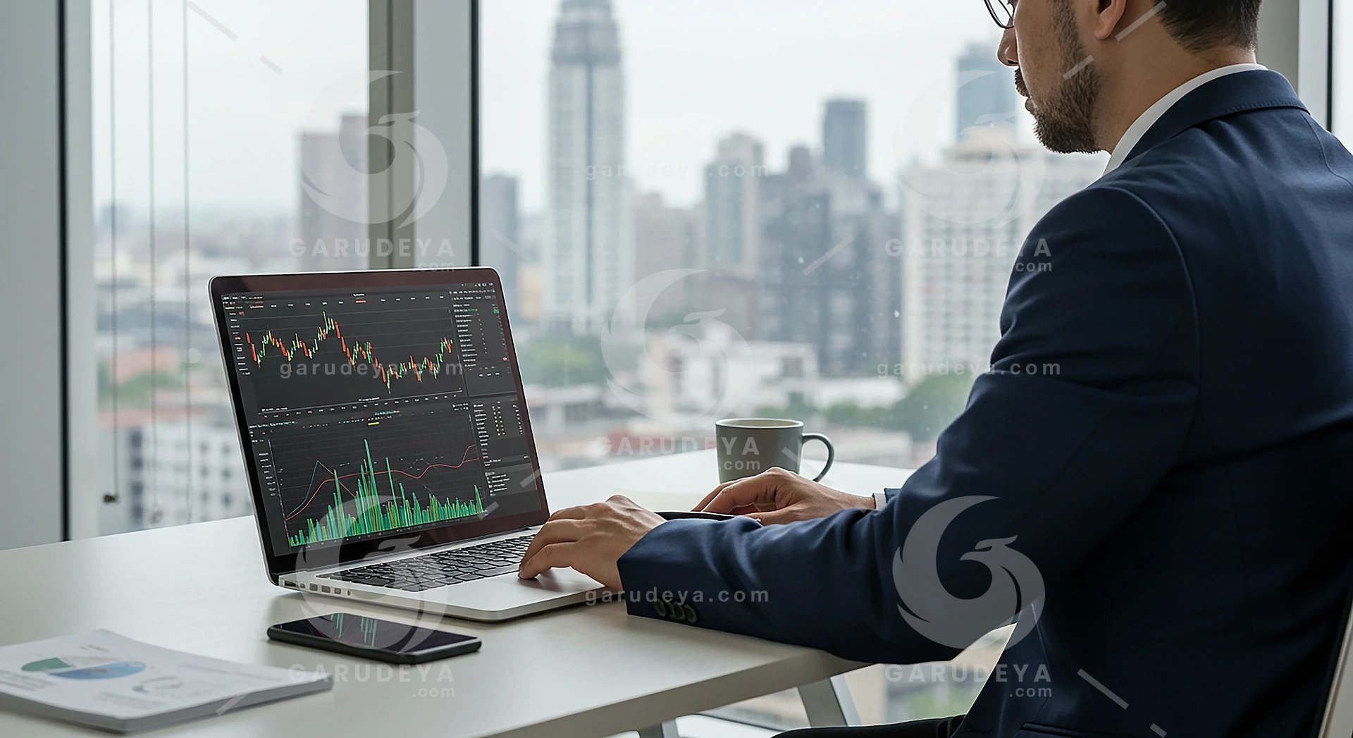 Businessman Analyzing Stock Market Data on Laptop in Modern Office for Finance Concept