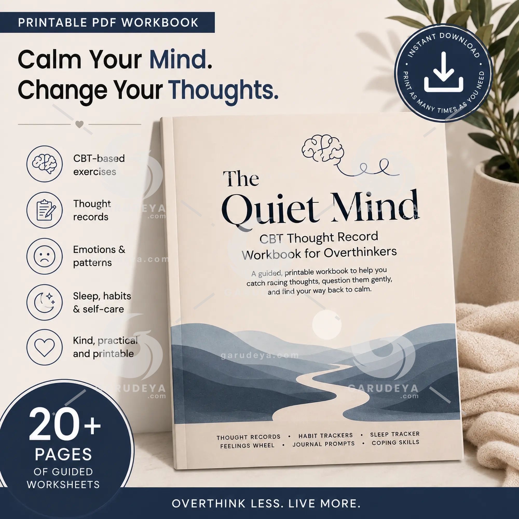 CBT Thought Record Workbook for Overthinkers | Anxiety, Habit, Sleep Tracker (Digital Download)