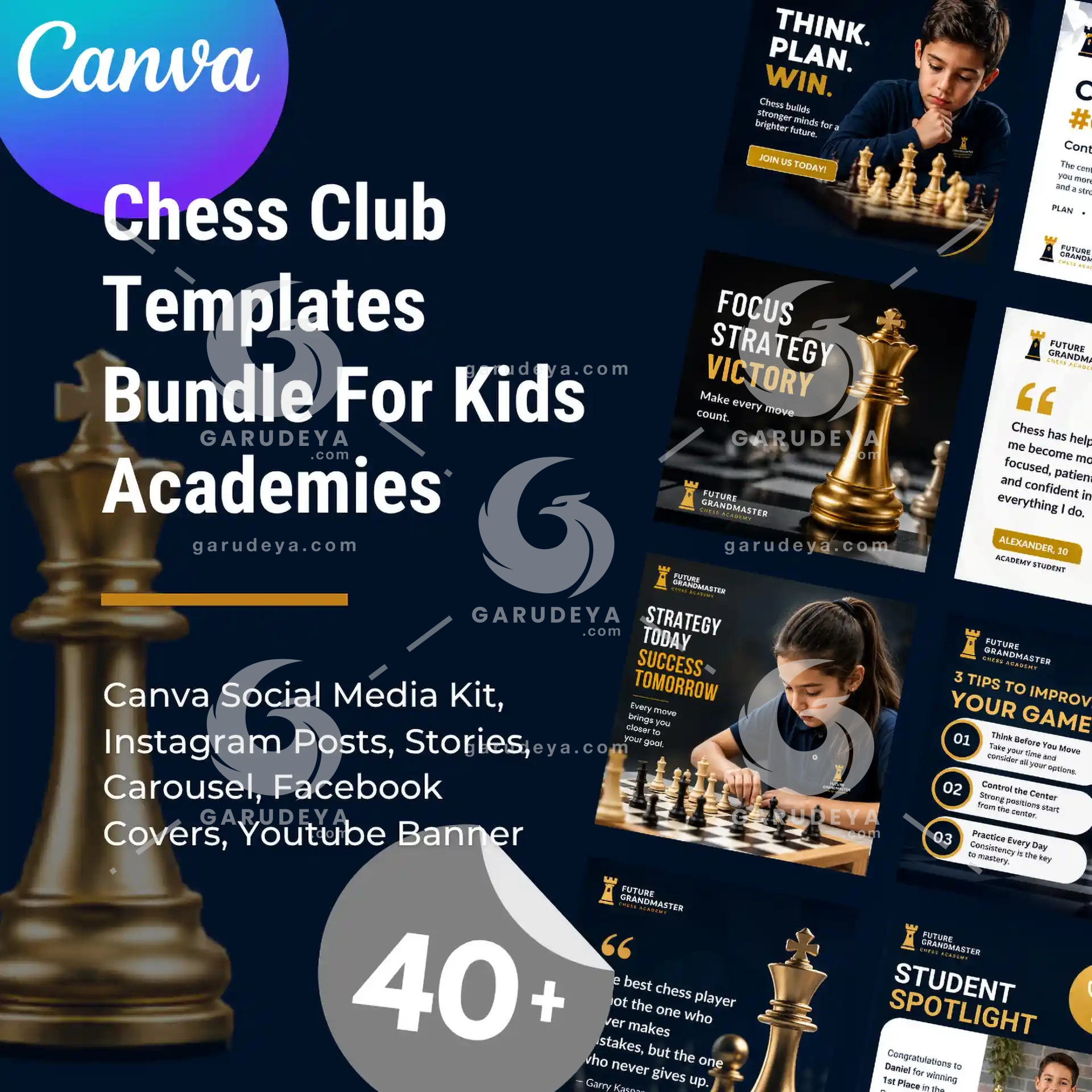 Chess Club Templates Bundle For Kids Academies | Canva Social Media Kit, Instagram Posts, Stories, Carousel, Facebook Covers, Youtube Banners