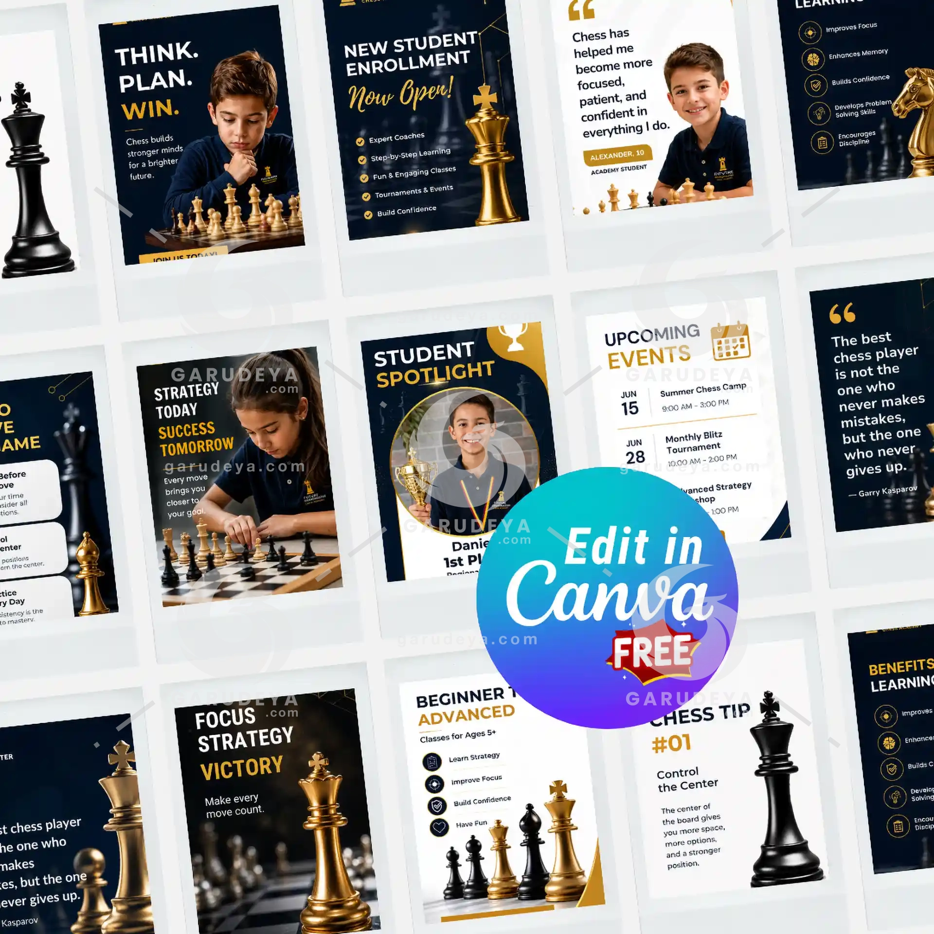 Chess Club Templates Bundle For Kids Academies | Canva Social Media Kit, Instagram Posts, Stories, Carousel, Facebook Covers, Youtube Banners