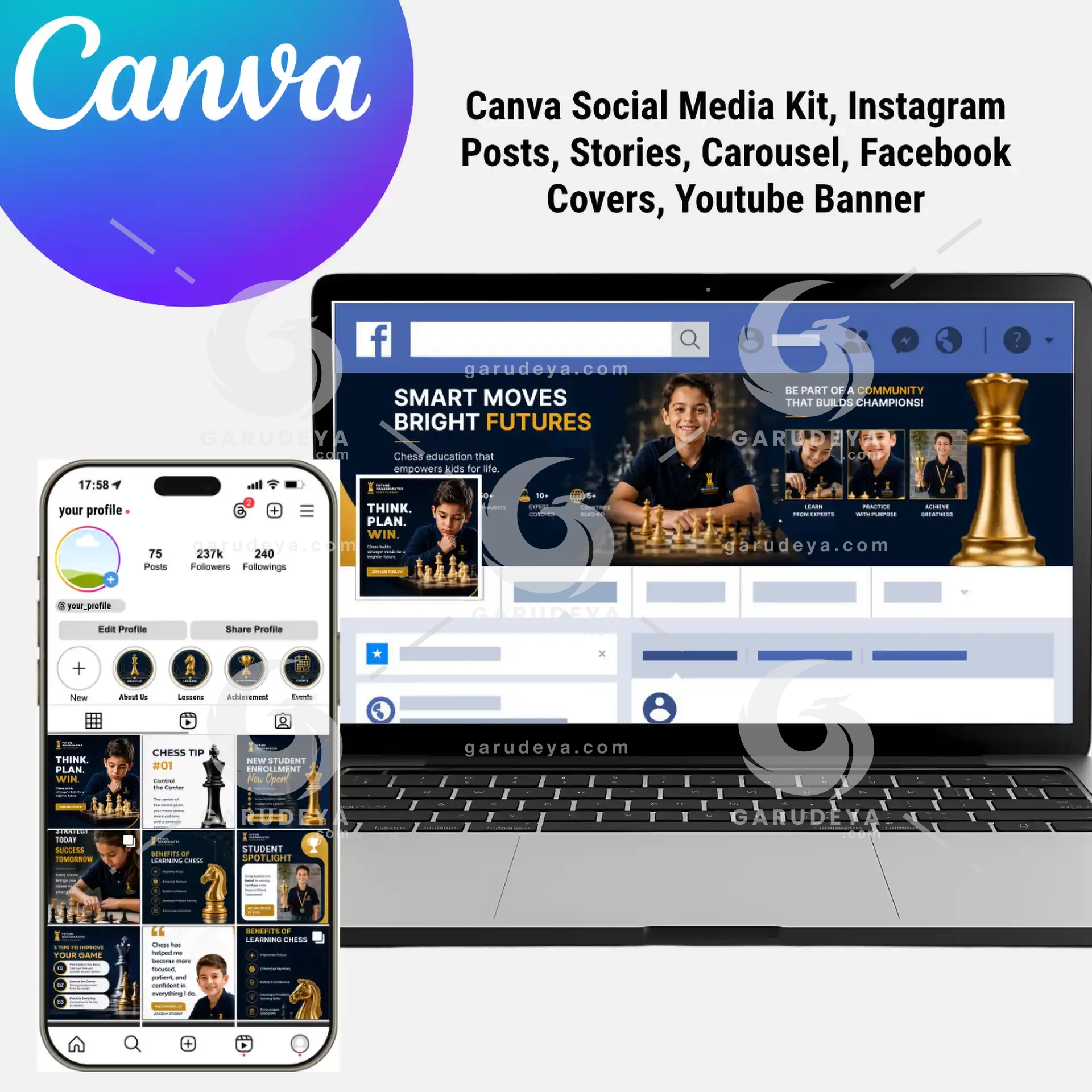 Chess Club Templates Bundle For Kids Academies | Canva Social Media Kit, Instagram Posts, Stories, Carousel, Facebook Covers, Youtube Banners