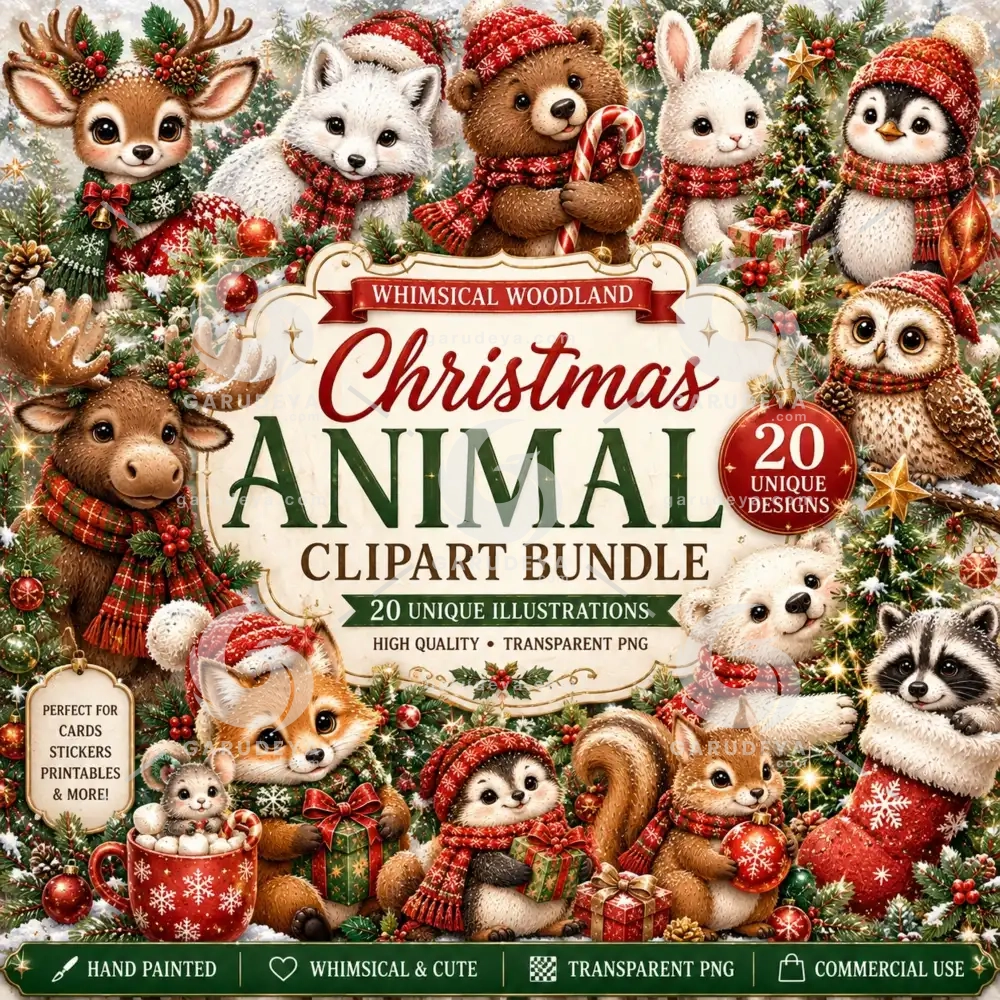 Christmas Animal Clipart Bundle - Whimsical Woodland Characters, Cute Holiday PNG, Hand Painted Christmas Craft Graphics