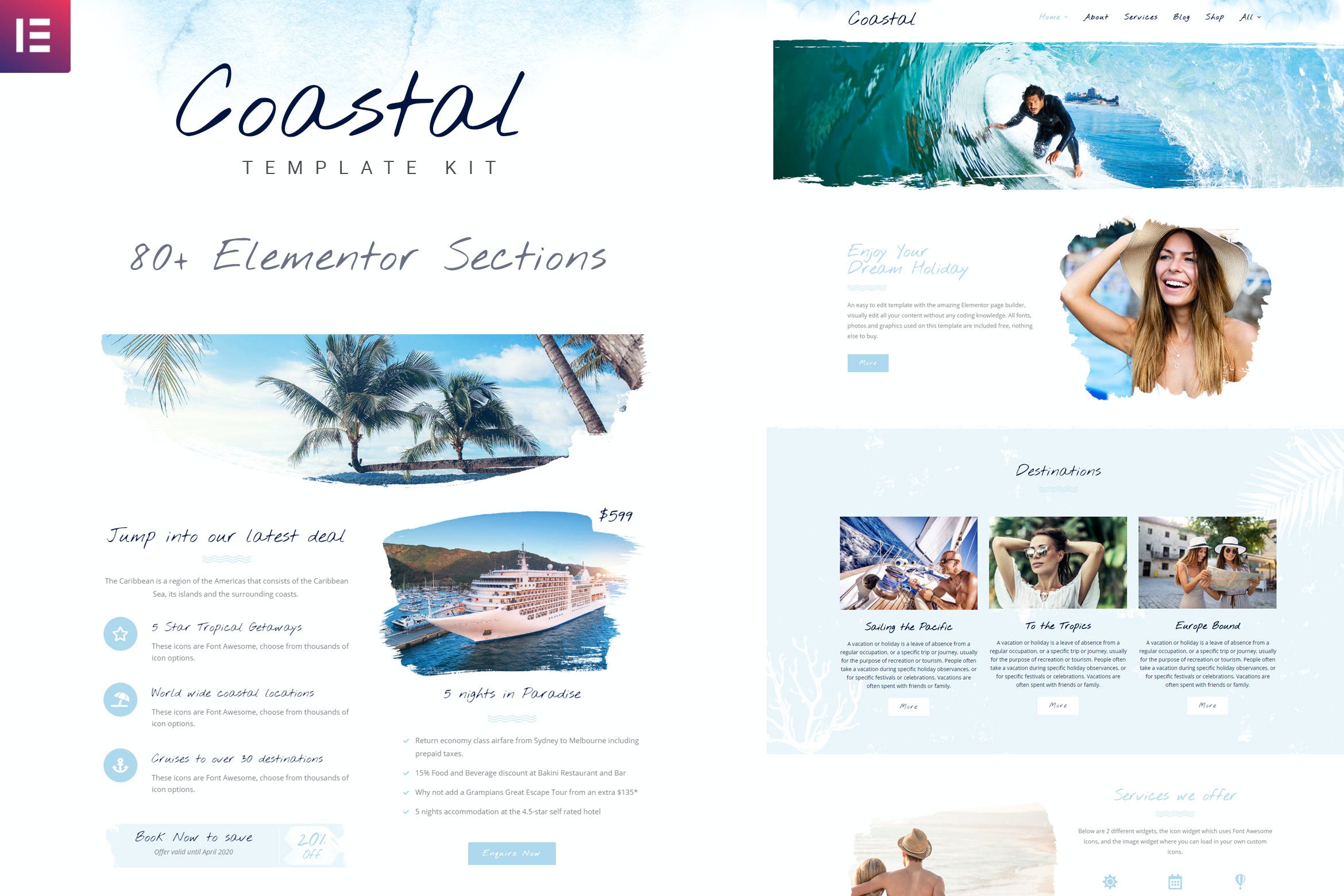 Coastal Travel and Surf Grunge Elementor Template Kit