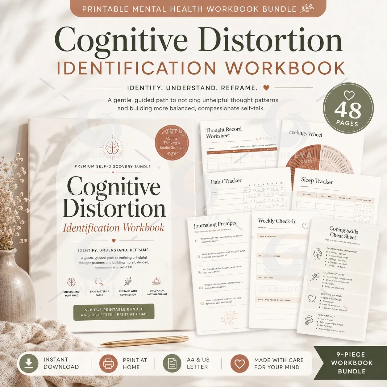 Cognitive Distortion Identification Workbook Printable Bundle | CBT Therapy Worksheets, Mood & Habit Tracker, Self Care