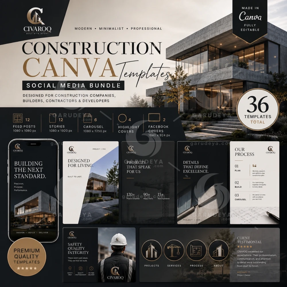 Construction Canva Templates Bundle, Modern Social Media Template For Contractors, Builders & Construction Companies