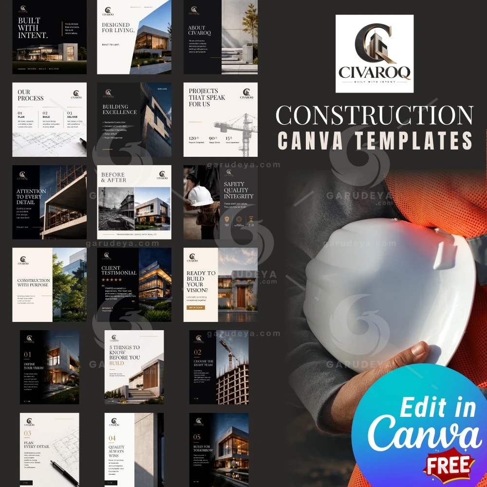 Construction Canva Templates Bundle, Modern Social Media Template For Contractors, Builders & Construction Companies