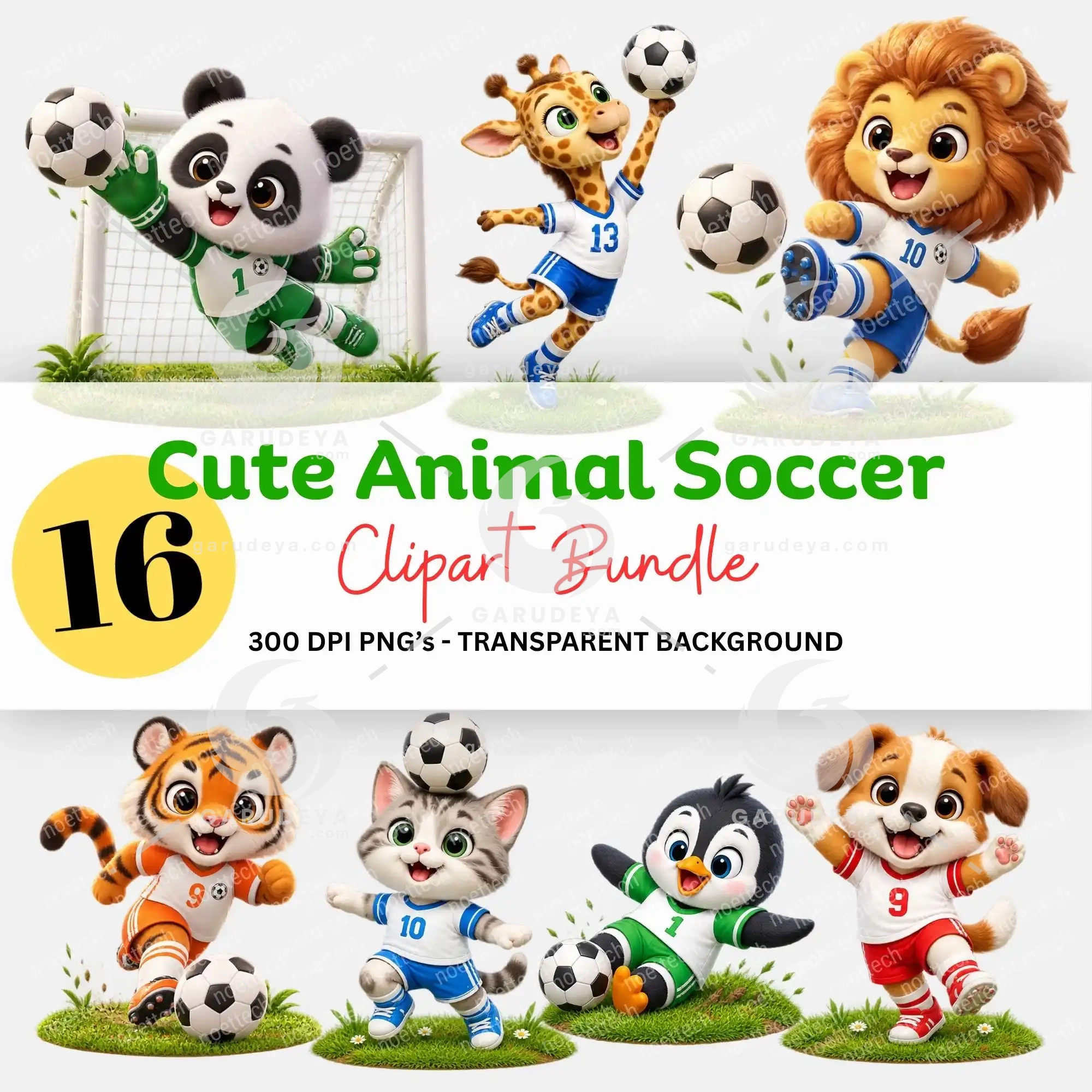 Cute Animal Soccer Clipart Bundle, 3D Football Characters, Kids Party PNG Transparent