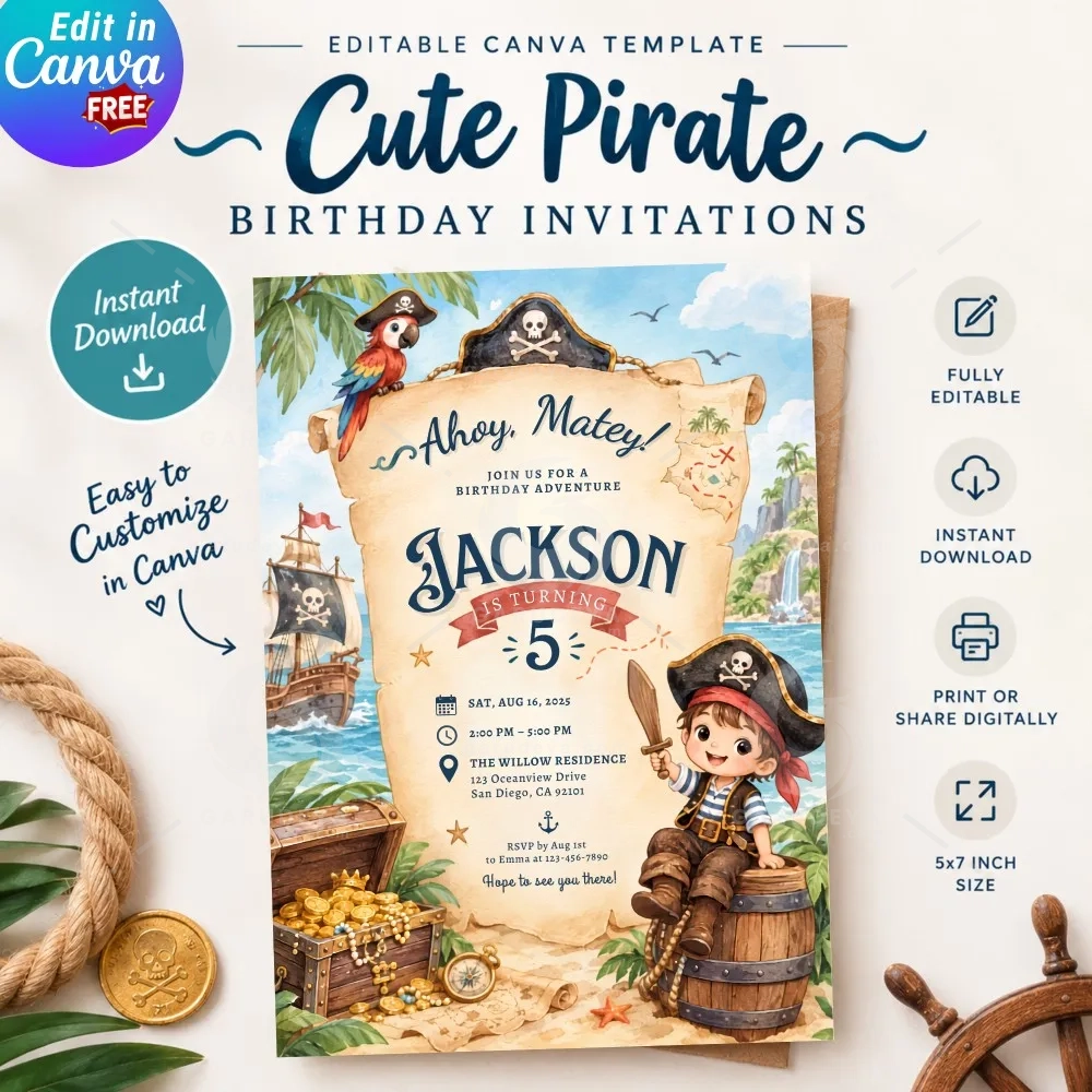 Pirate Birthday Invitation Editable Canva Template, Whimsical Kids Party (5×7 Inch)