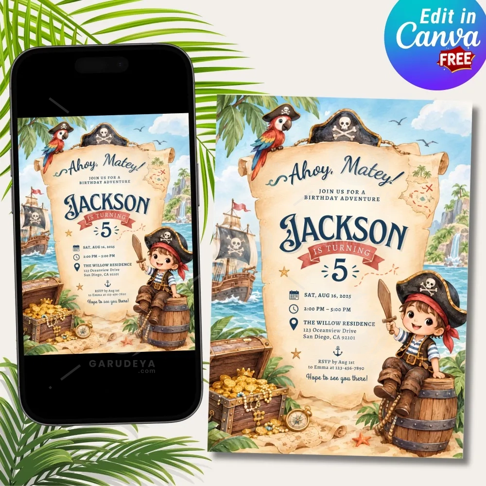 Pirate Birthday Invitation Editable Canva Template, Whimsical Kids Party (5x7 Inch)
