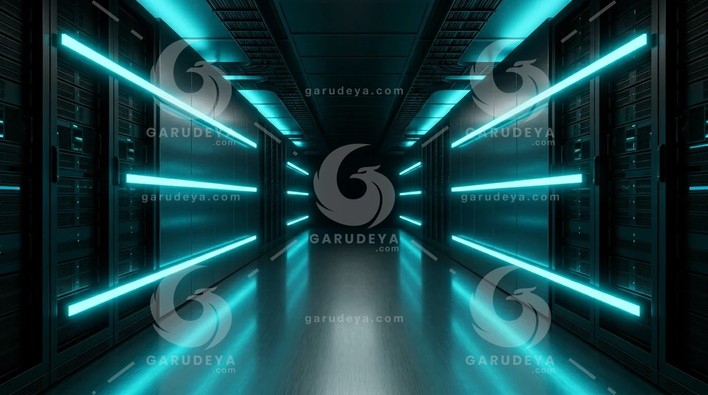 Cyan Neon Dark Background Sci-Fi Server Room