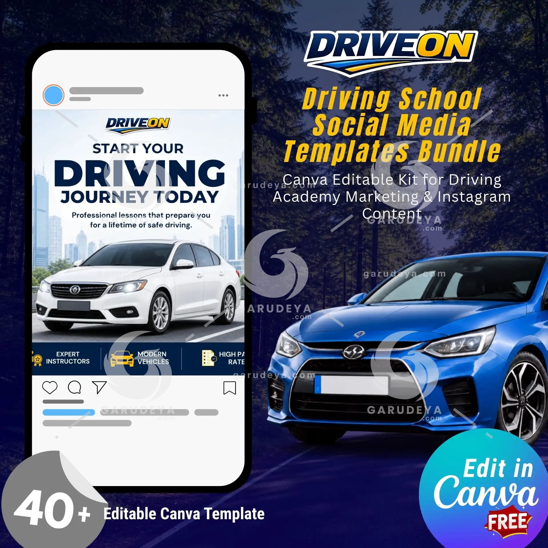 DRIVEON – Driving School Social Media Templates Bundle – Canva Editable Kit for Marketing & Instagram Content