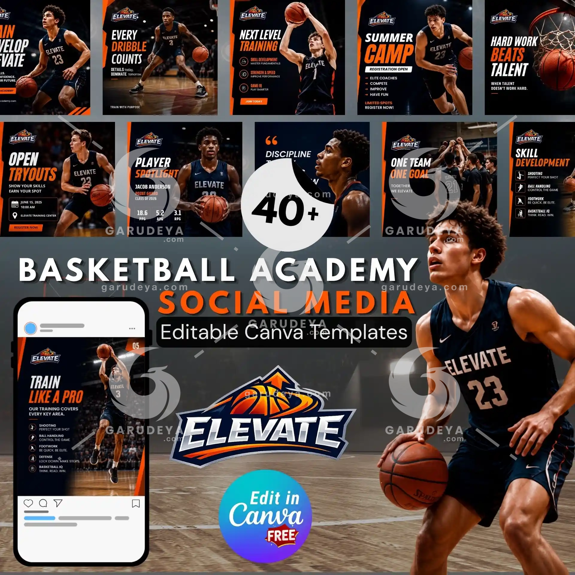 ELEVATE – Basketball Academy Canva Templates Bundle | 40+ Editable Social Media Posts | Sport Instagram Facebook TikTok Branding Kit